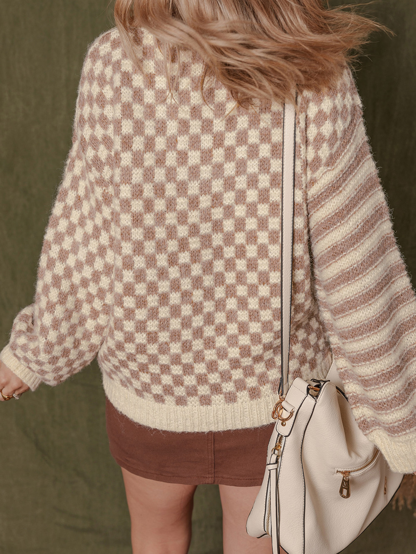 Stripe Checkerboard Drop Shoulder Balloon Sleeve Sweater