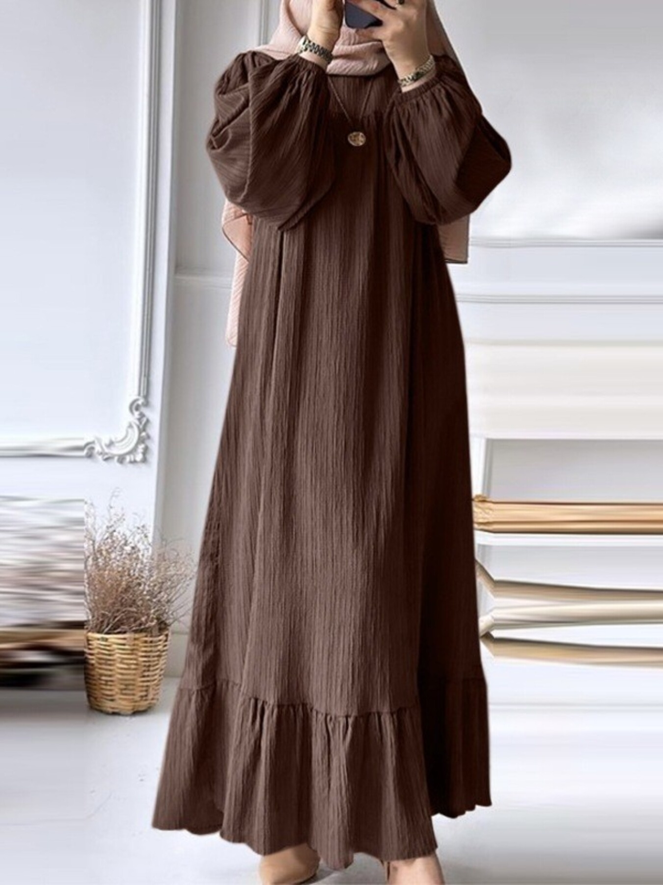 Full Size Textured Balloon Sleeve Maxi Dress Plus Size