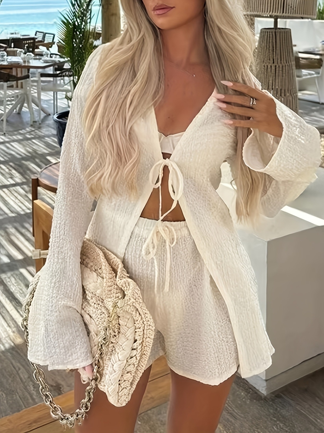 Tie Front Long Sleeve Top and Shorts Set