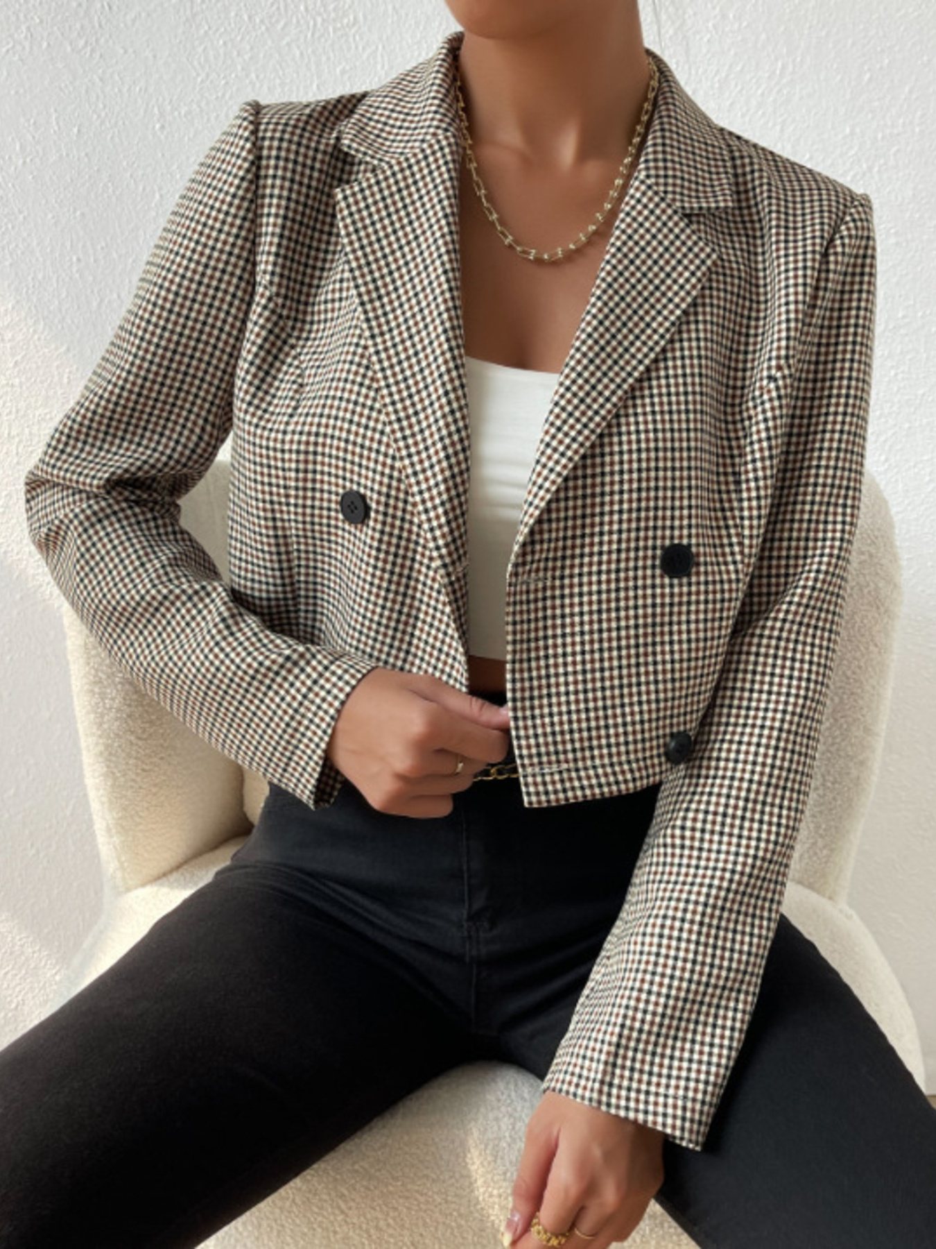 Plaid Lapel Collar Cropped Blazer