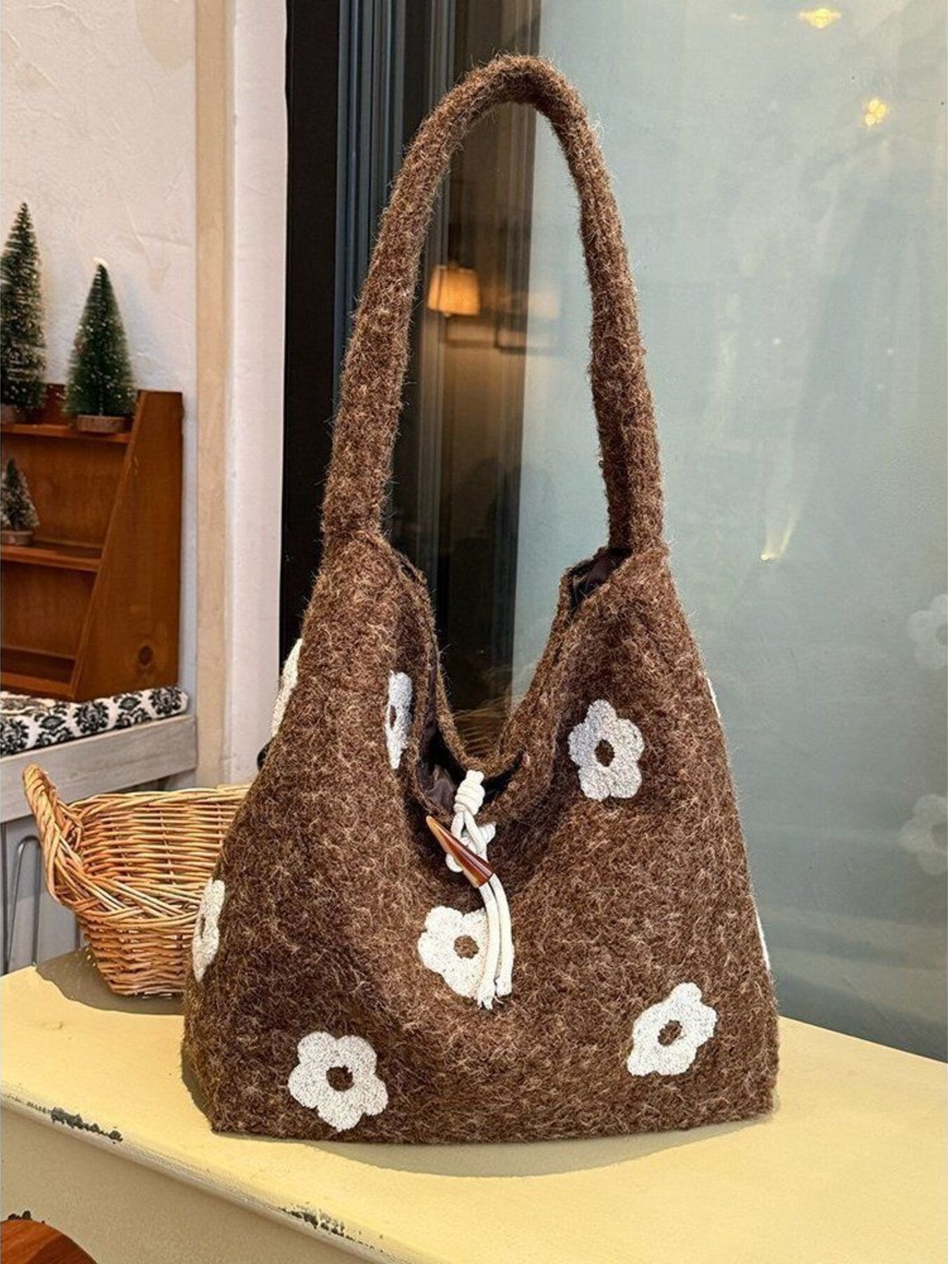 Floral Fuzzy Knit Tote Bag