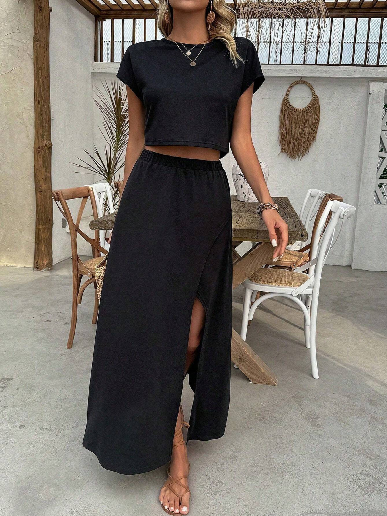 Round Neck Top and Slit Skirt Set
