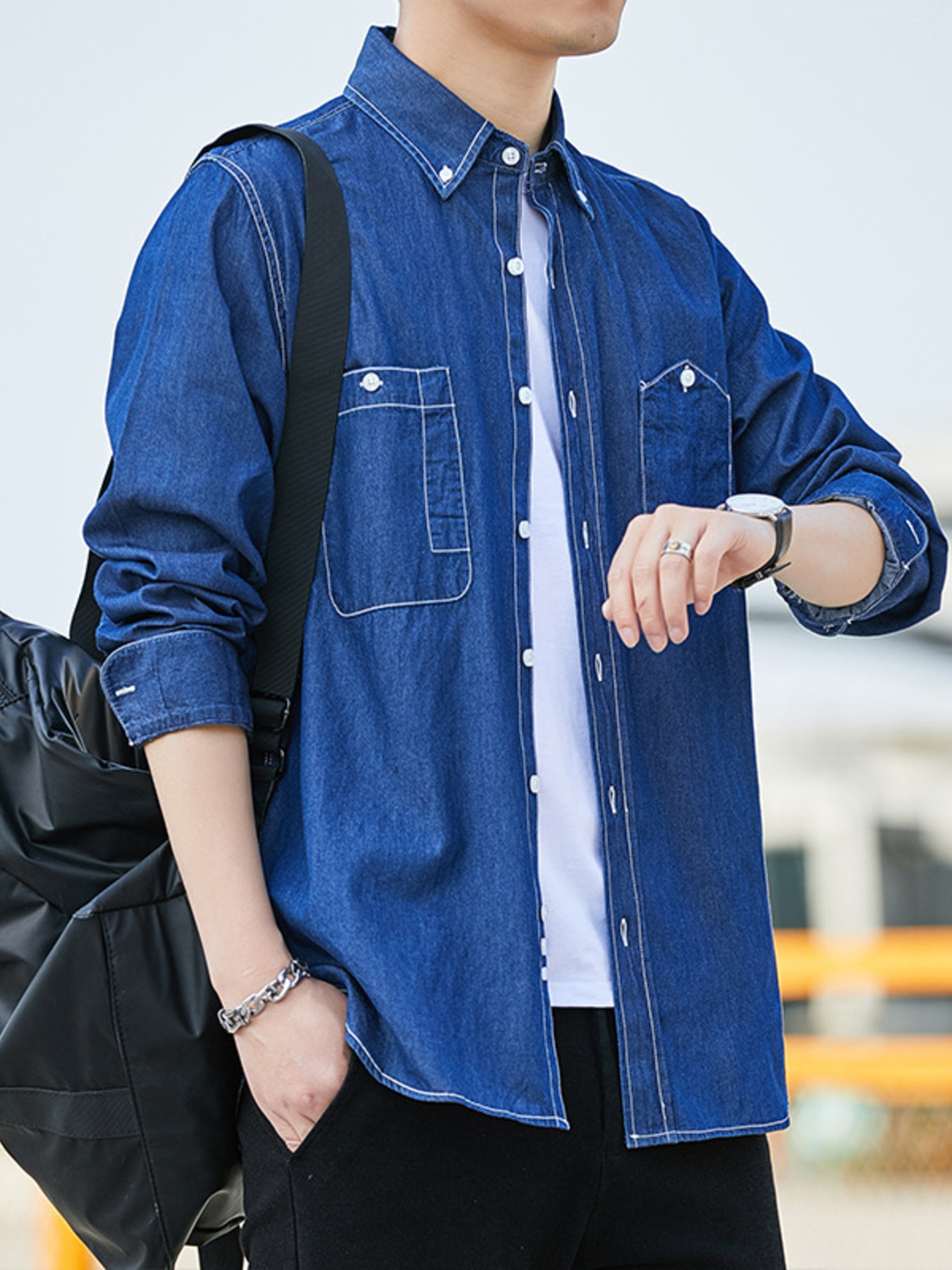 Men's Full Size Casual Long Sleeve Denim Shirt with Pockets Plus Size