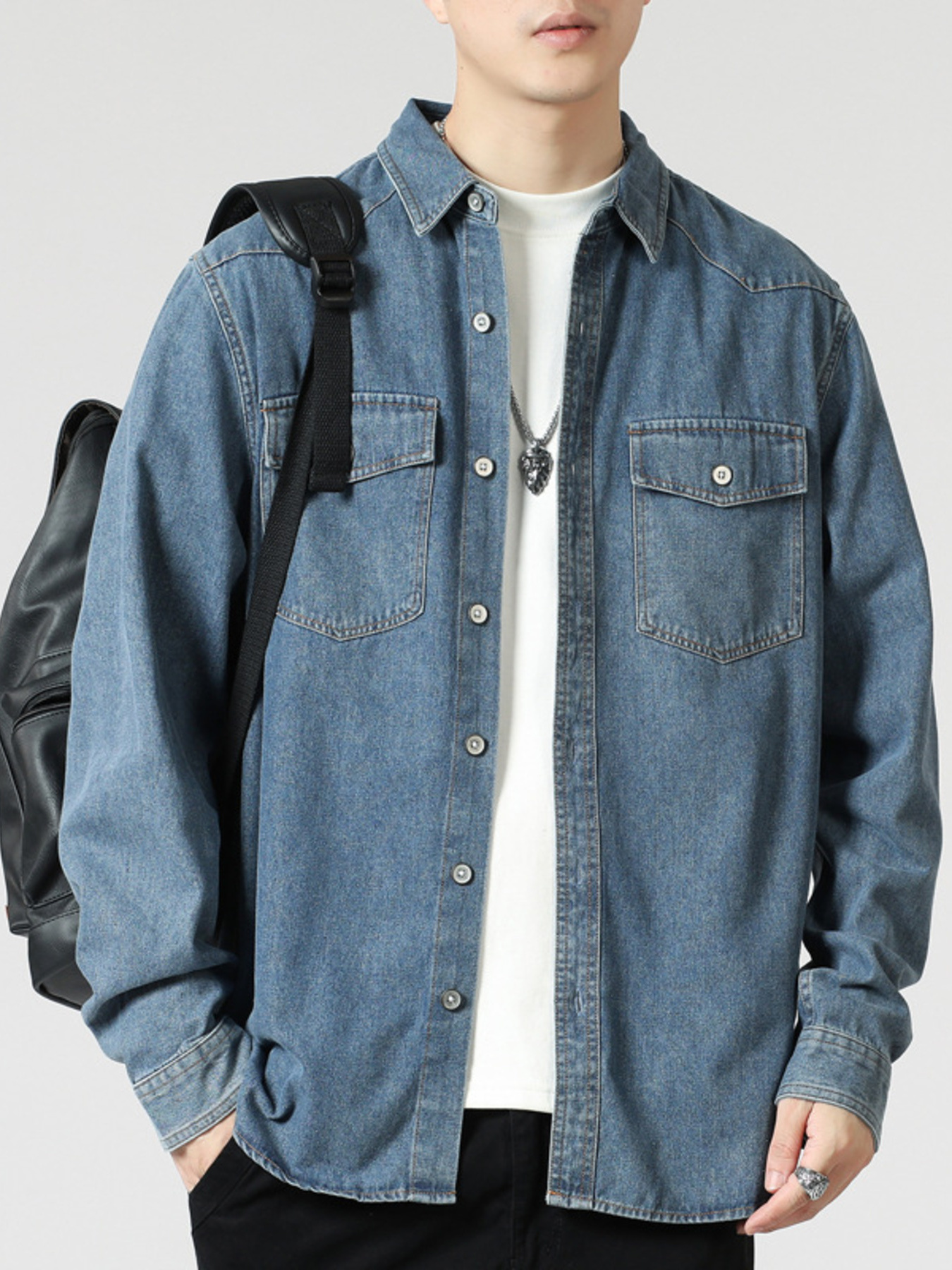 Men's Plus Size Washed Button Down Denim Shirt
