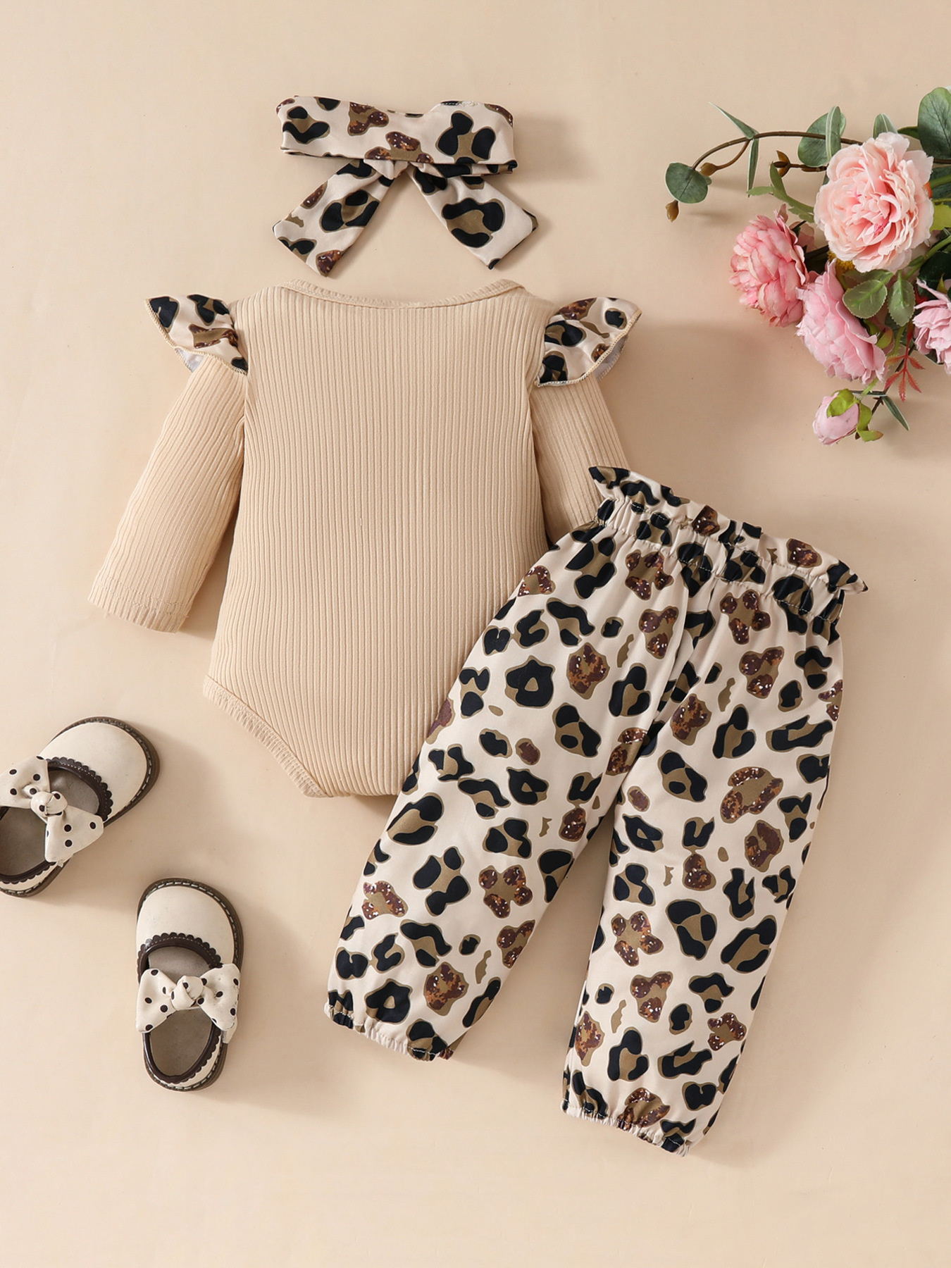 Children's Leopard Ruffled Bodysuit and Pants Set with Headband