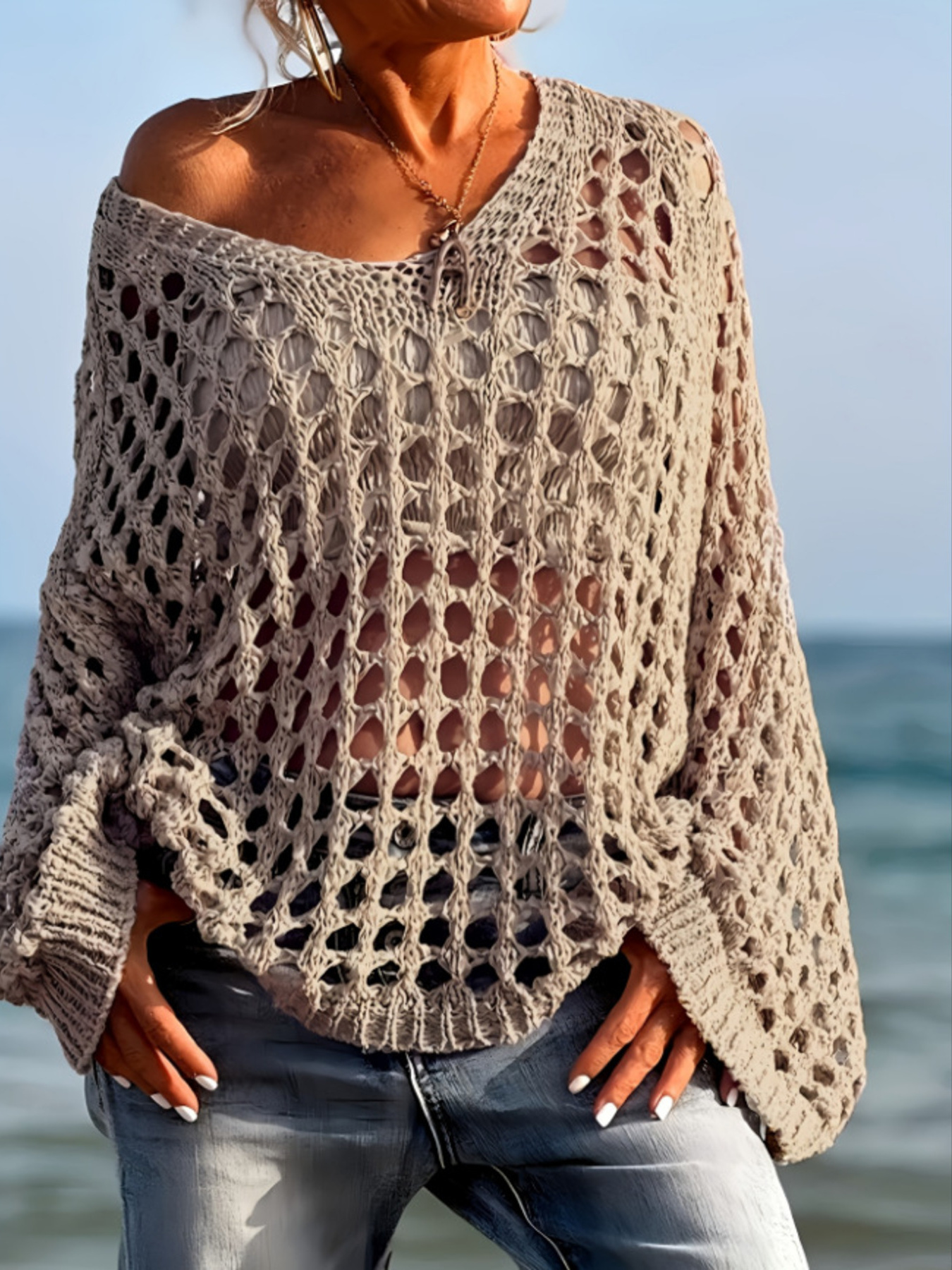 Crochet Long Sleeve Knit Cover Up view 7