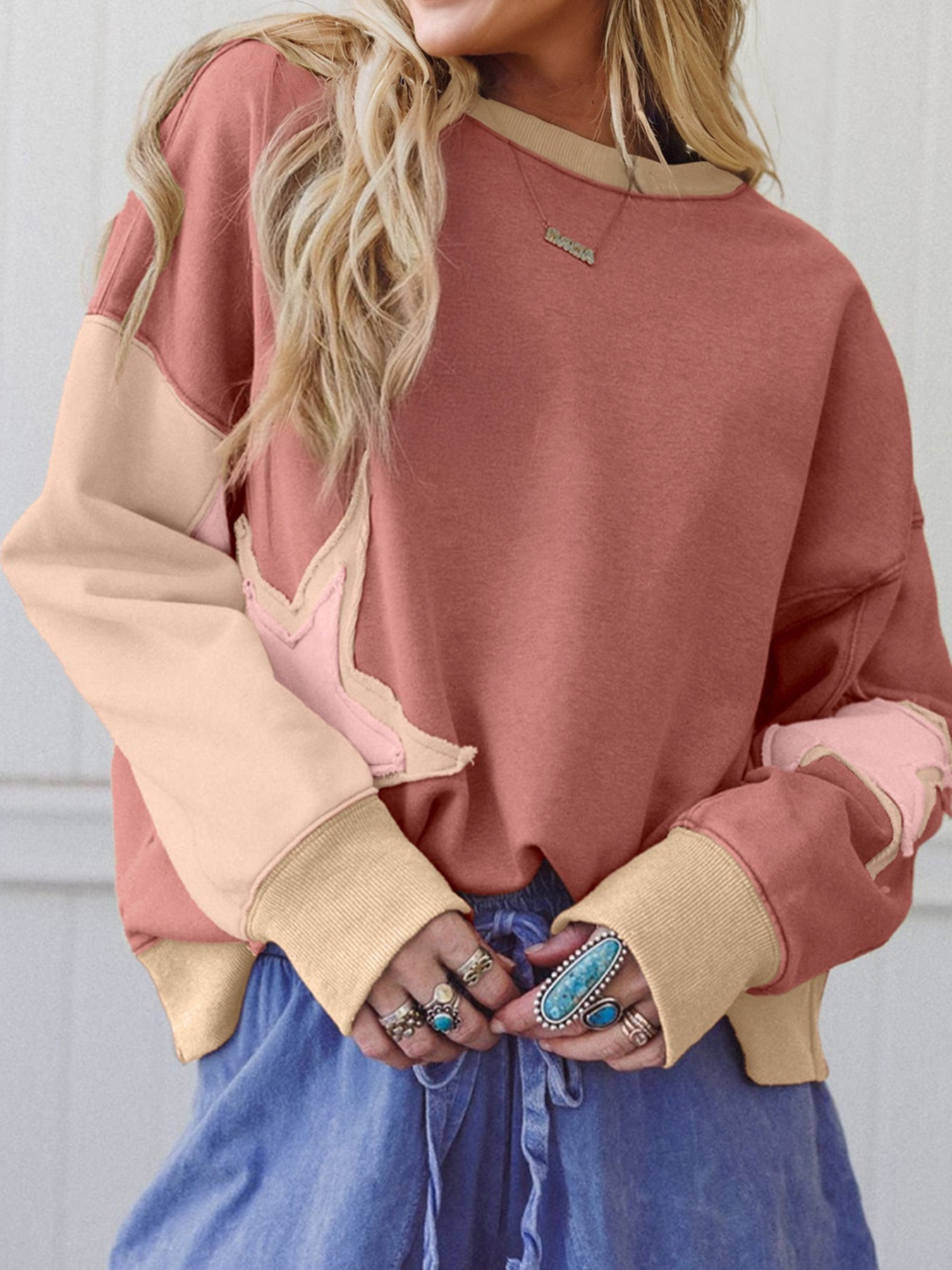 Contrast Star Patchwork Exposed Seam Uneven Hem Drop Shoulder Sweatshirt