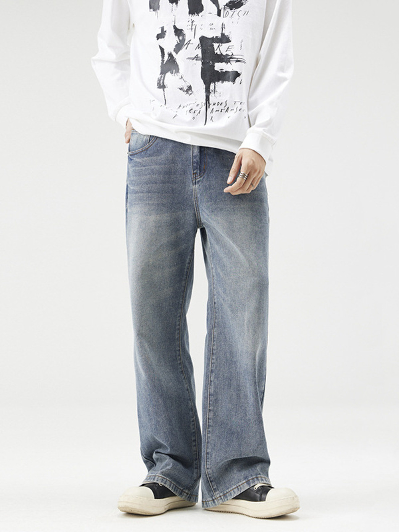 Men's Plus Size Wash Wide Leg Relaxed Fit Jeans