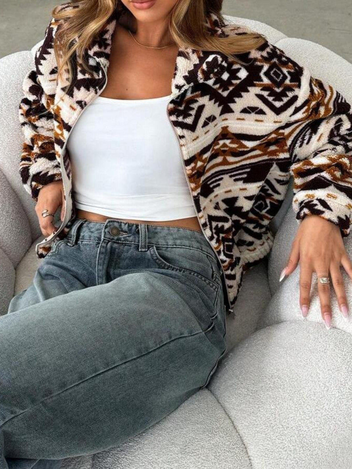 Geometric Fleece Zip-Up Jacket