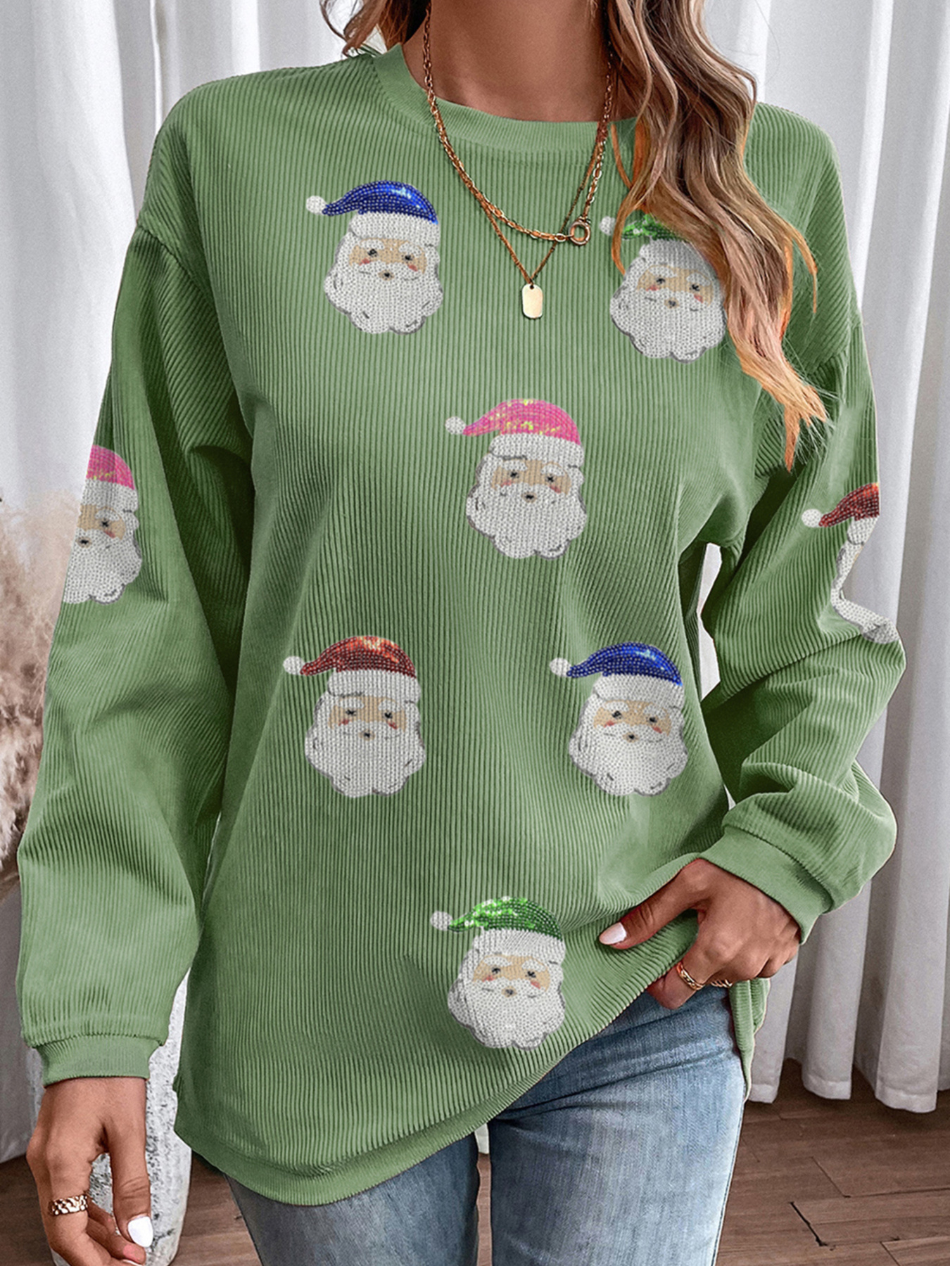Corded Ribbed Sequin Patched Santa Claus Graphic Sweatshirt