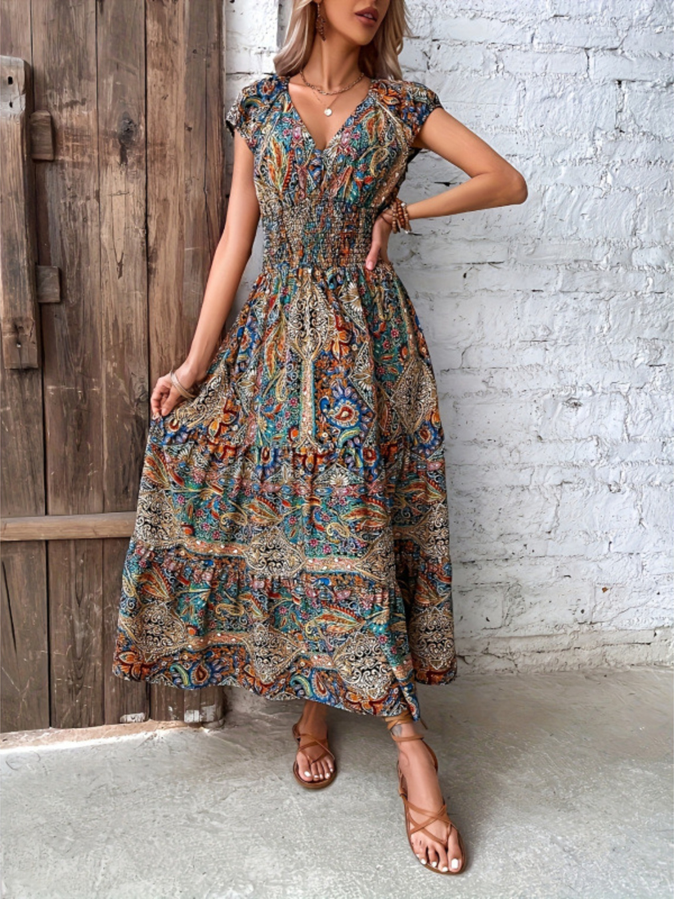 Printed V-Neck Cap Sleeve Dress