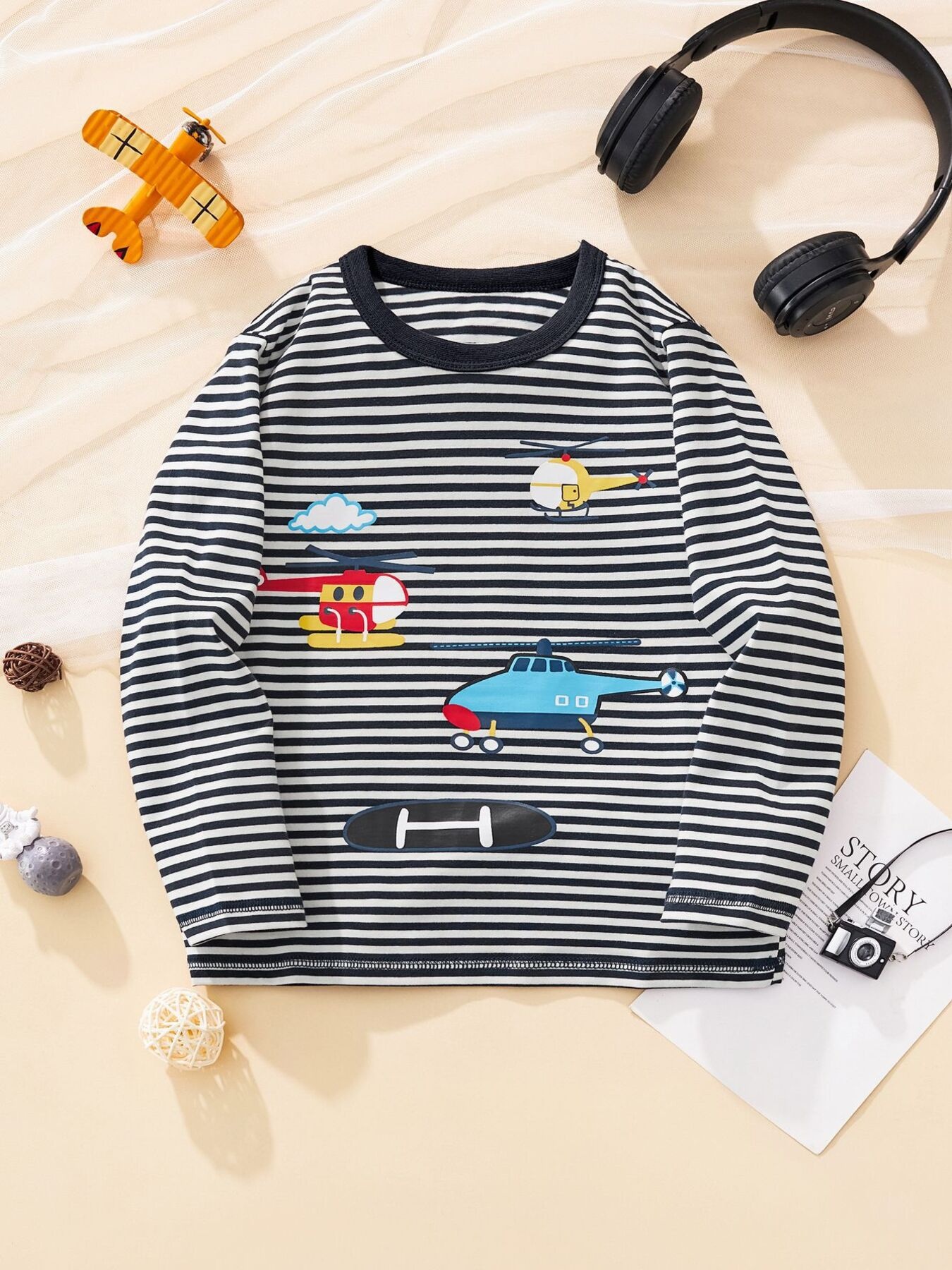 Children's Striped Helicopter Long Sleeve T-Shirt