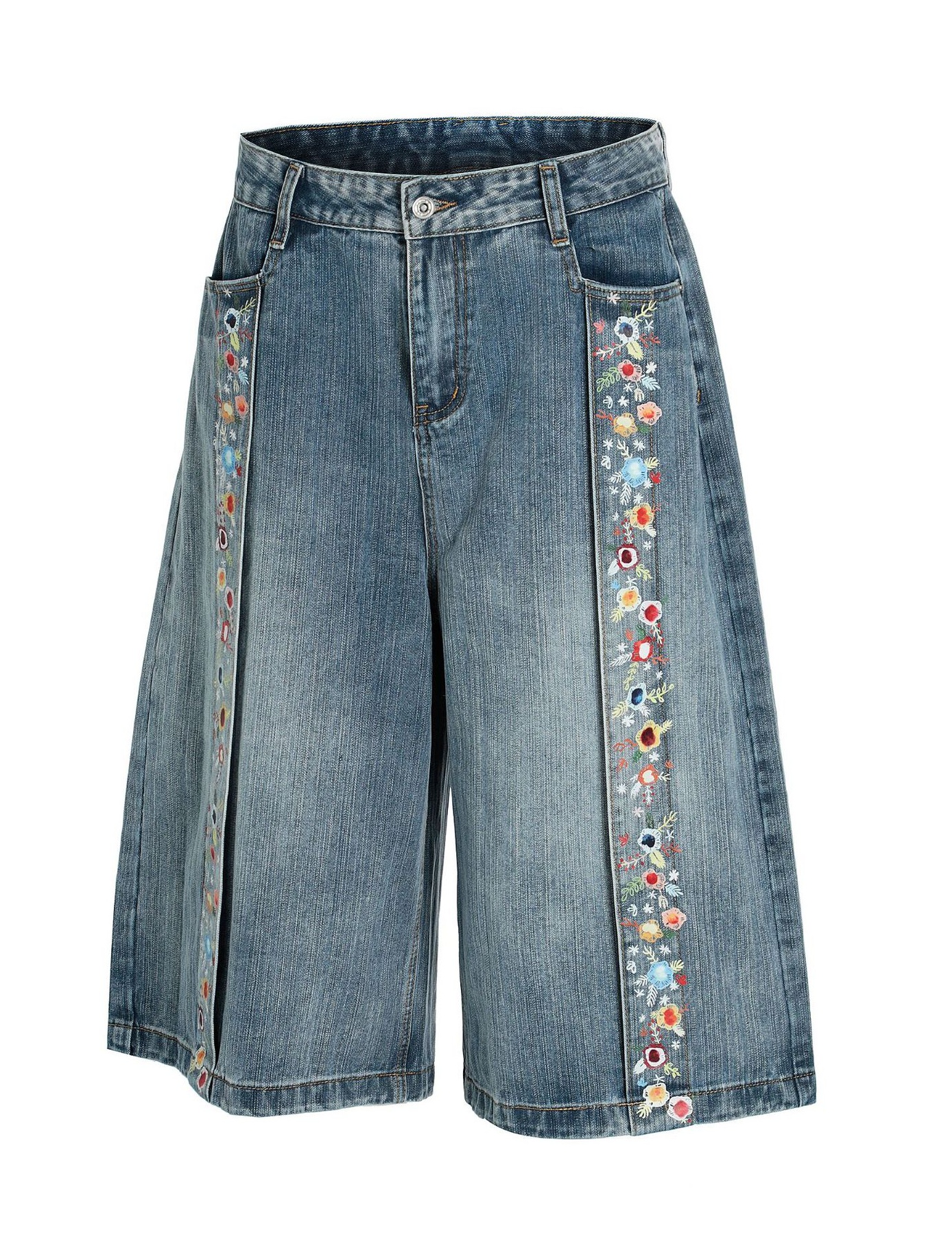 Men's Floral Trim Wide Leg Denim Shorts