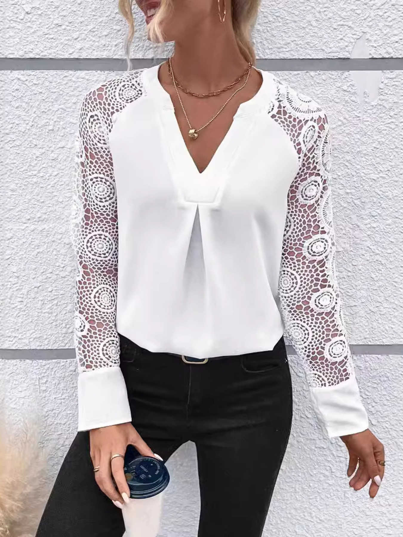 Elegant Lace Sleeve V-Neck Blouse