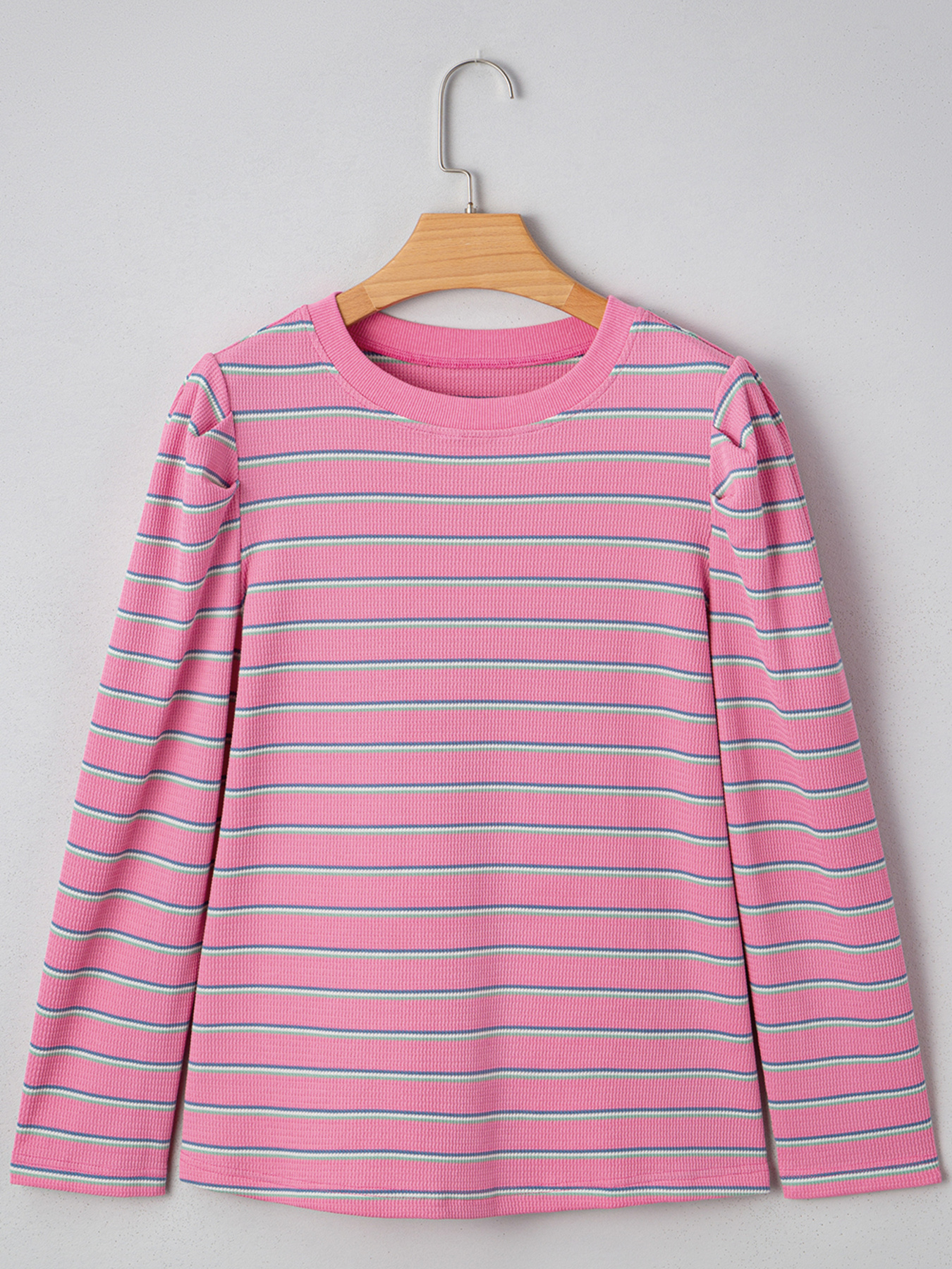 Stripe Textured Knit Round Neck Puff Sleeve Top
