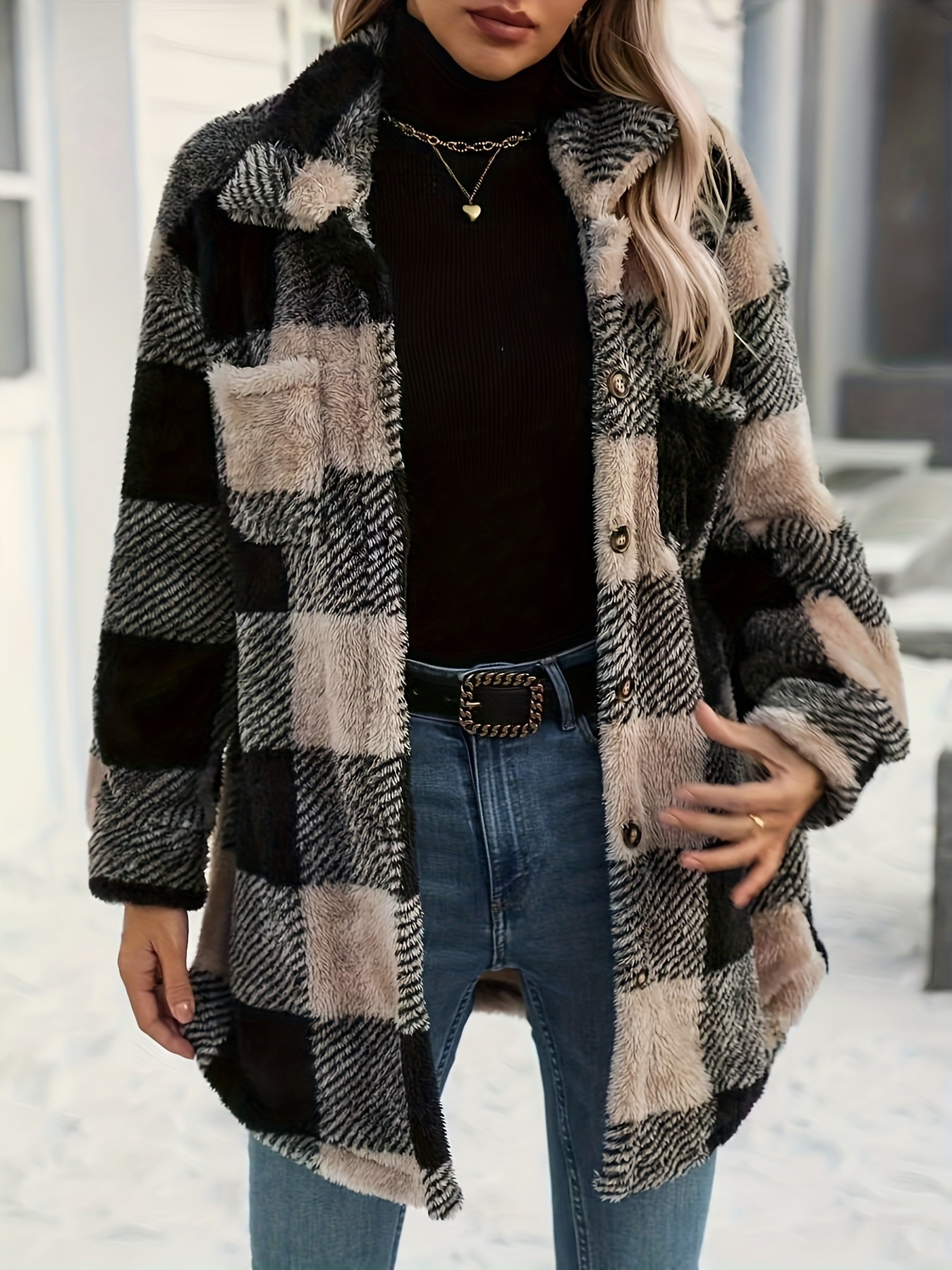 Button Down Collared Neck Plaid Teddy Coat with Pockets