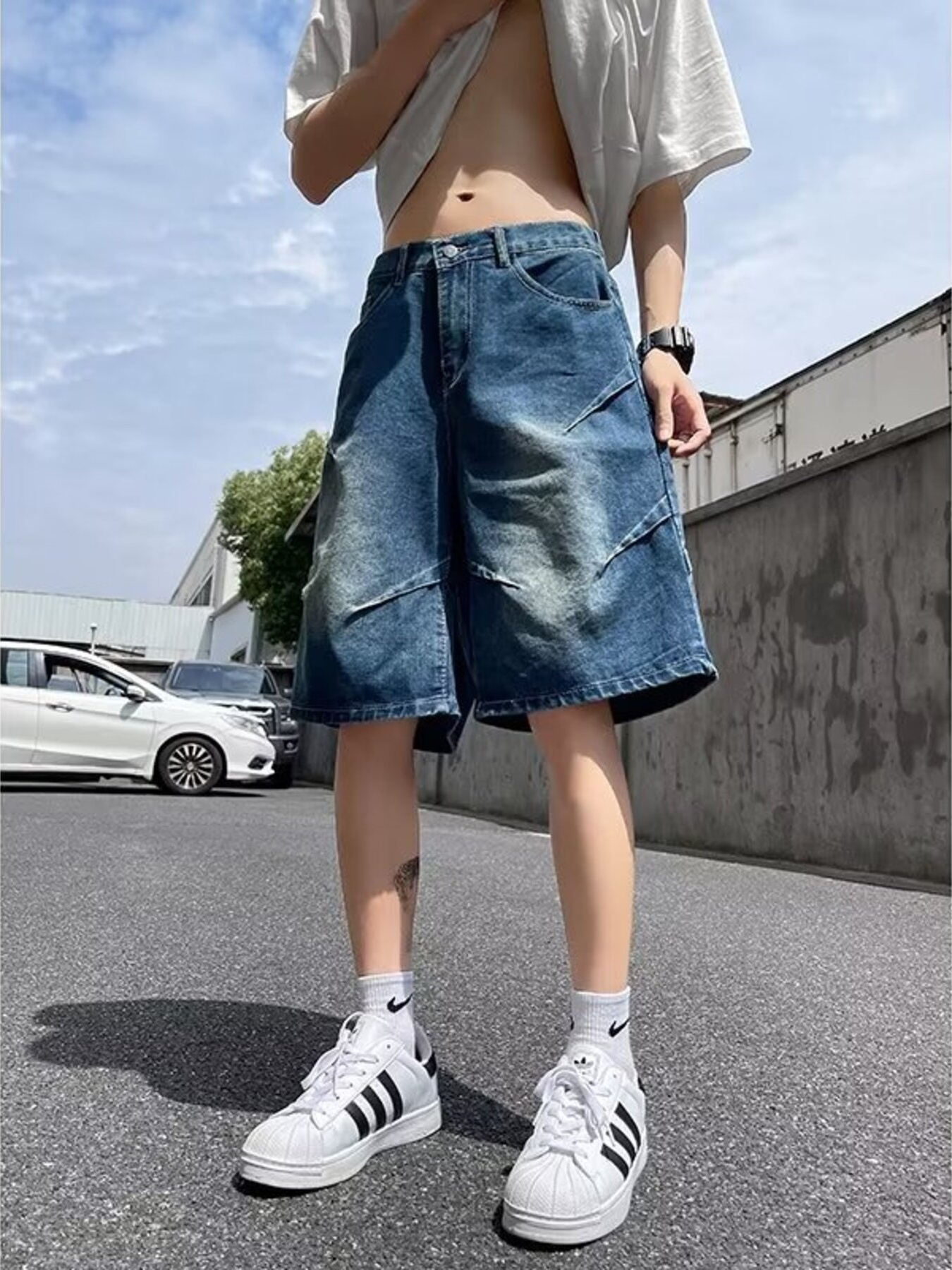 Men's Full Size Vintage Wash Wide-Leg Denim Shorts Plus Size