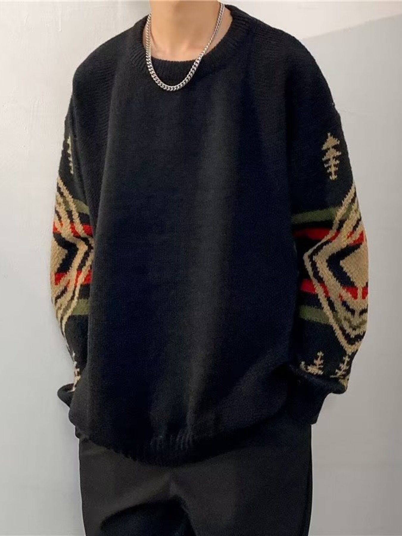 Men's Plus Size Ethnic Pattern Oversized Pullover Sweater