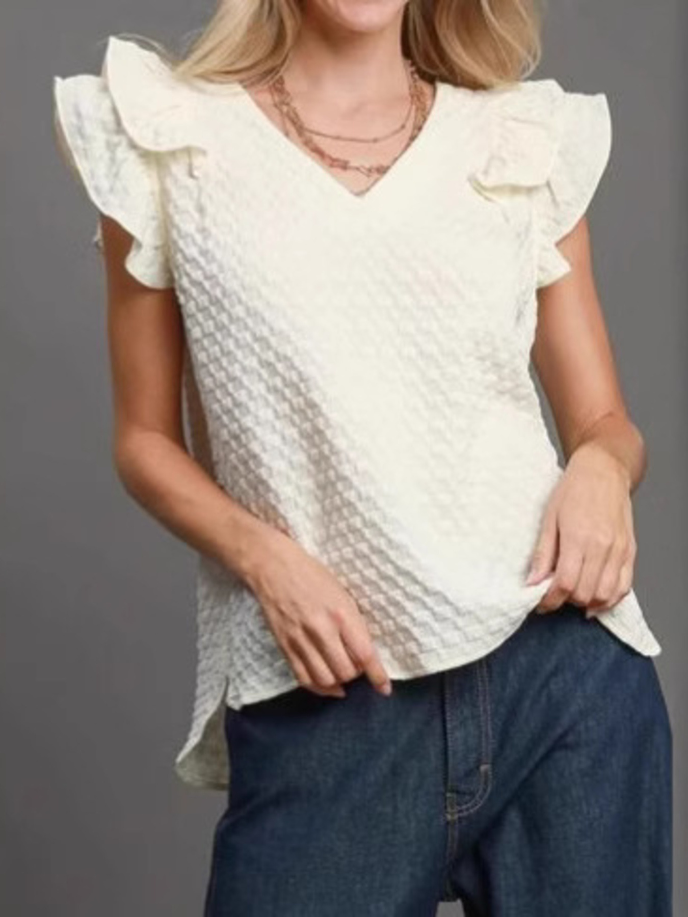 Textured V-Neck Cap Sleeve Blouse