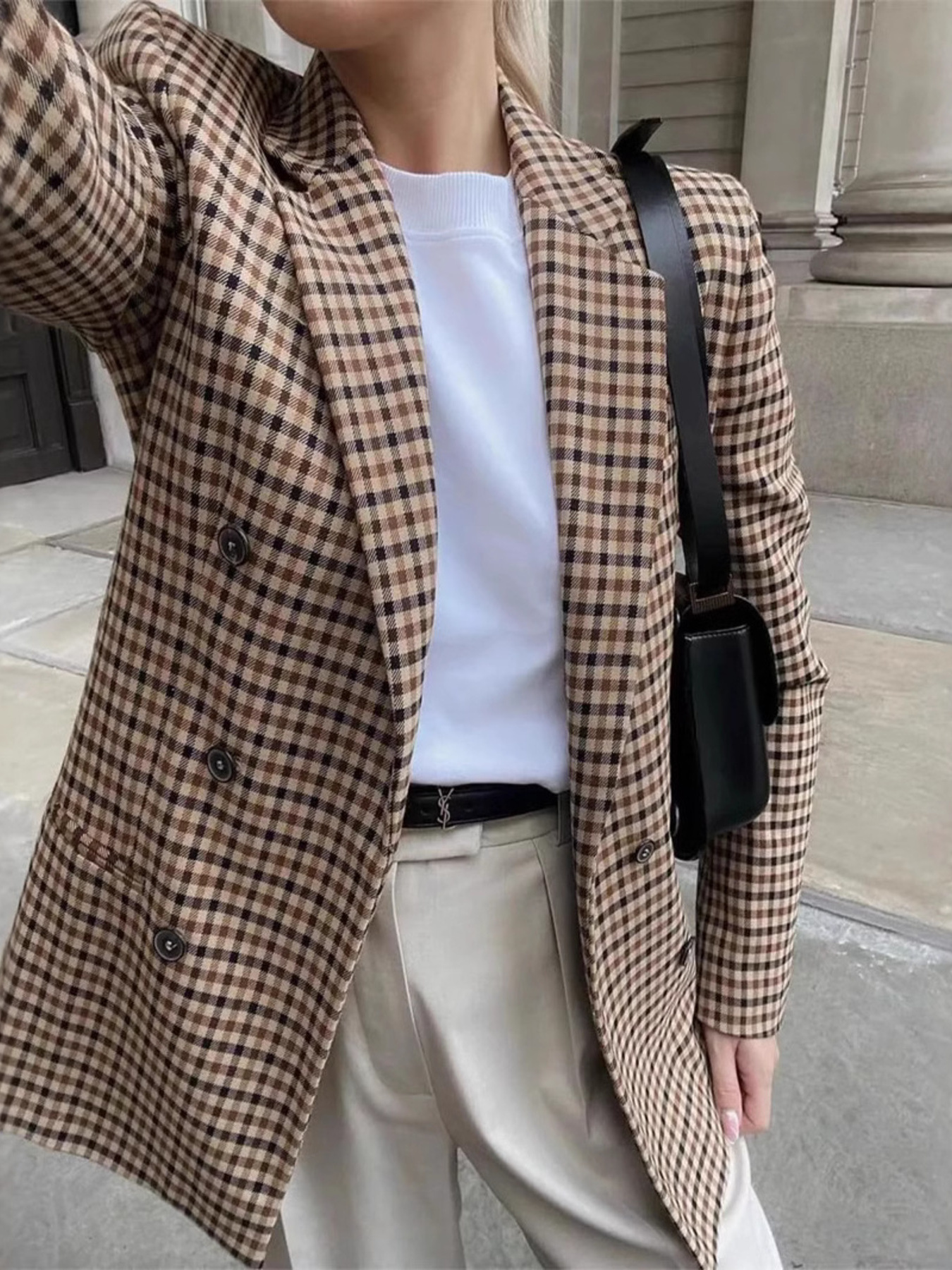 Plaid Lapel Collar Long Sleeve Blazer