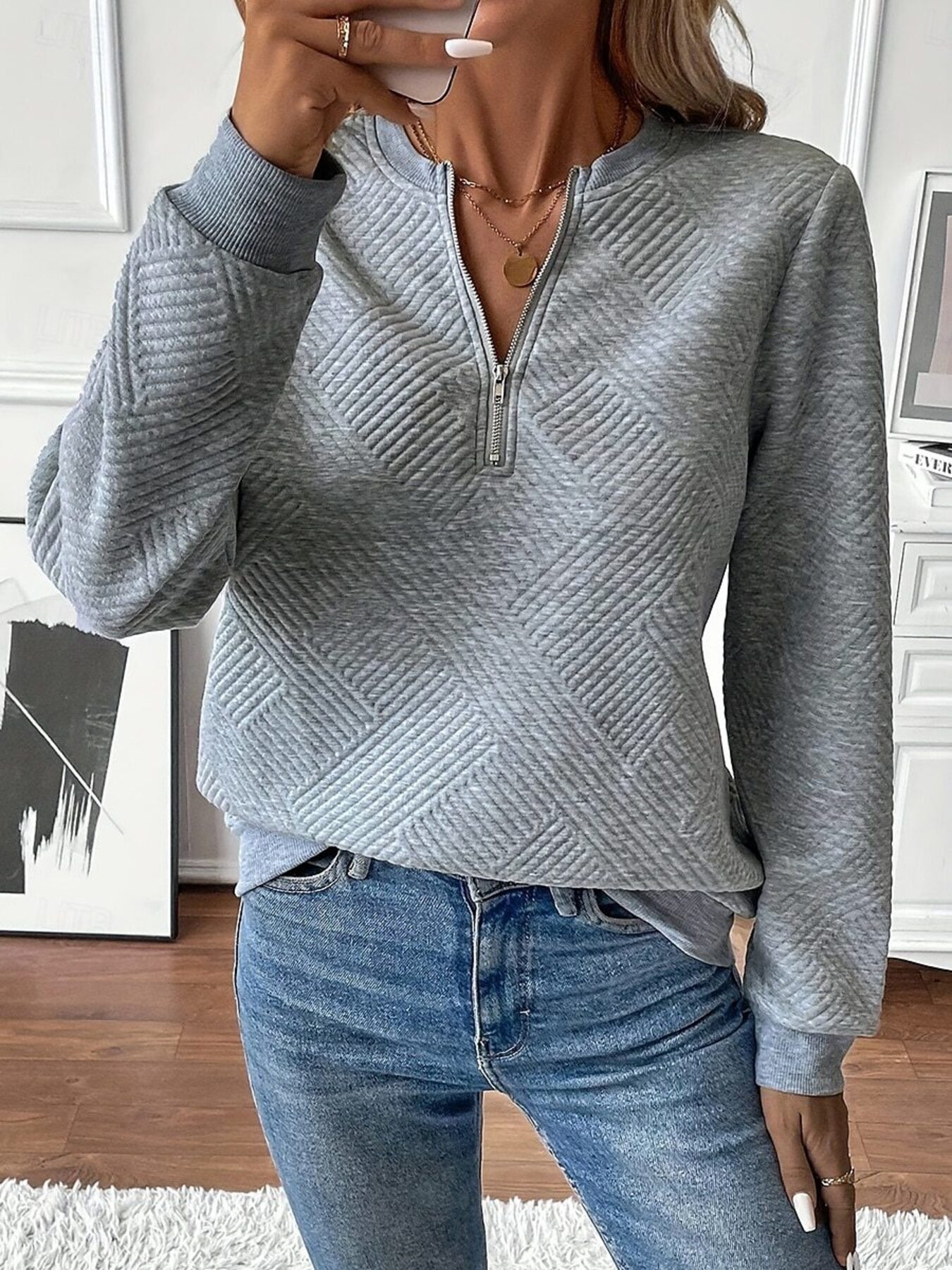 Quarter Zip Textured Long Sleeve Sweatshirt