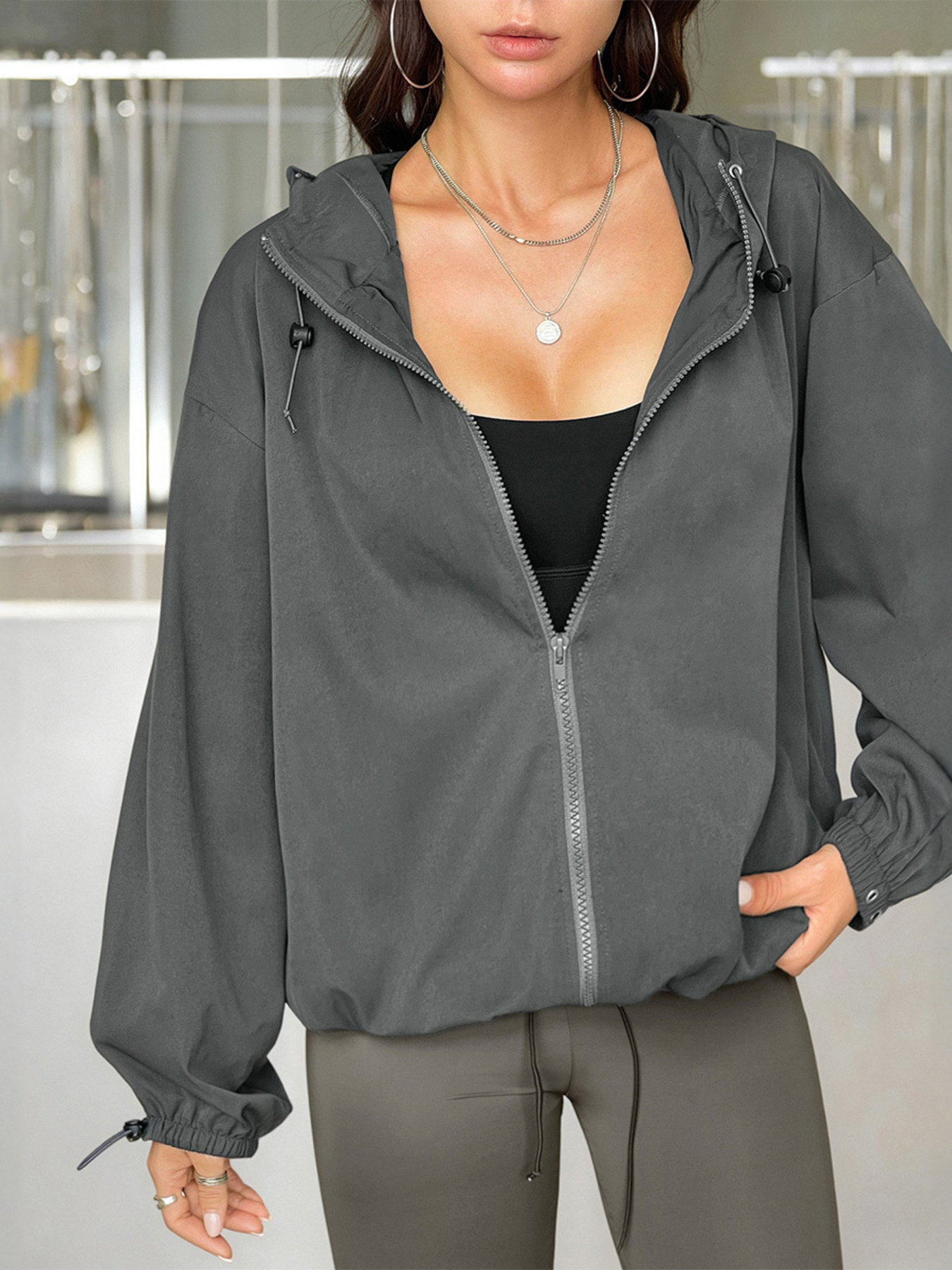 Drawstring Zip Up Hooded Jacket