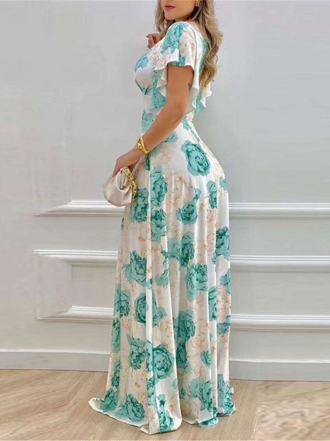 Plus Size Floral Print V-Neck Maxi Dress with Flutter Sleeves
