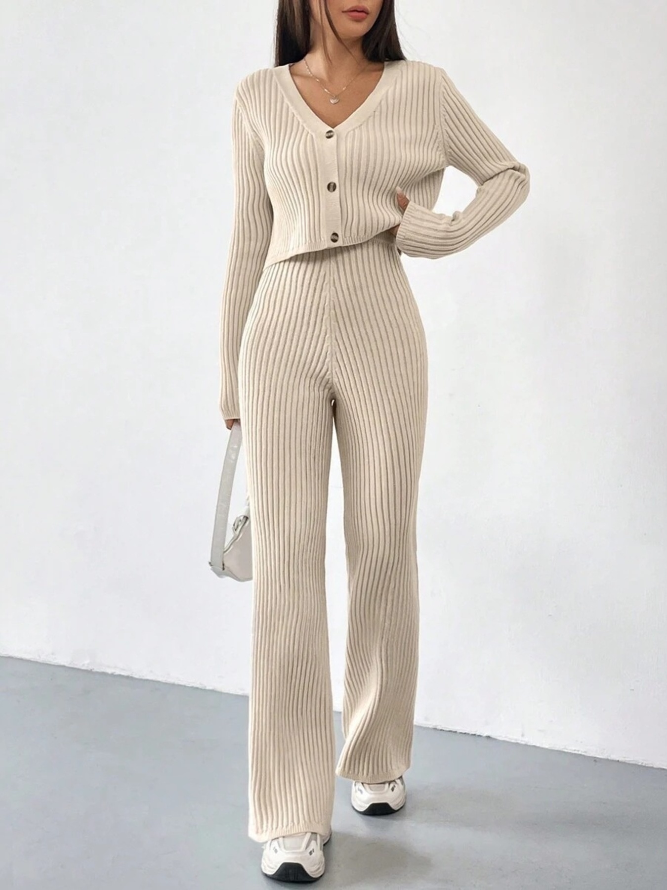 Ribbed Knit Button Up Top and Pants Set