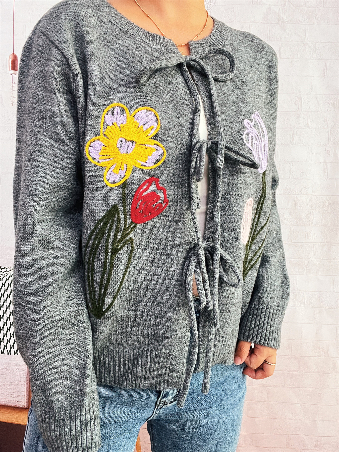 Floral Ribbed Hem Tie Front Cardigan