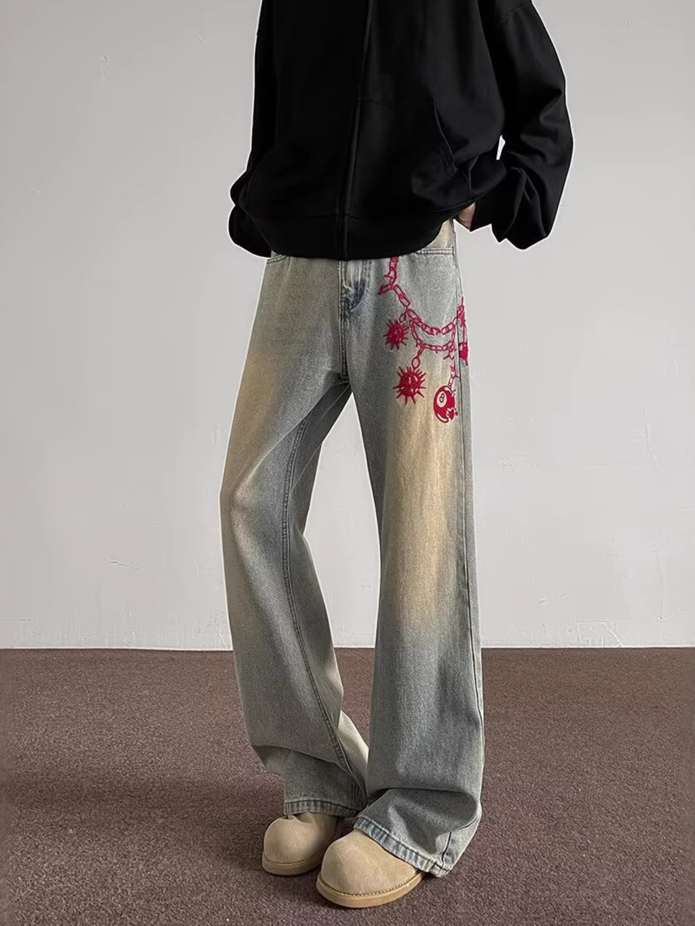 Men's Full Size Embroidered Wide Leg Jeans Plus Size