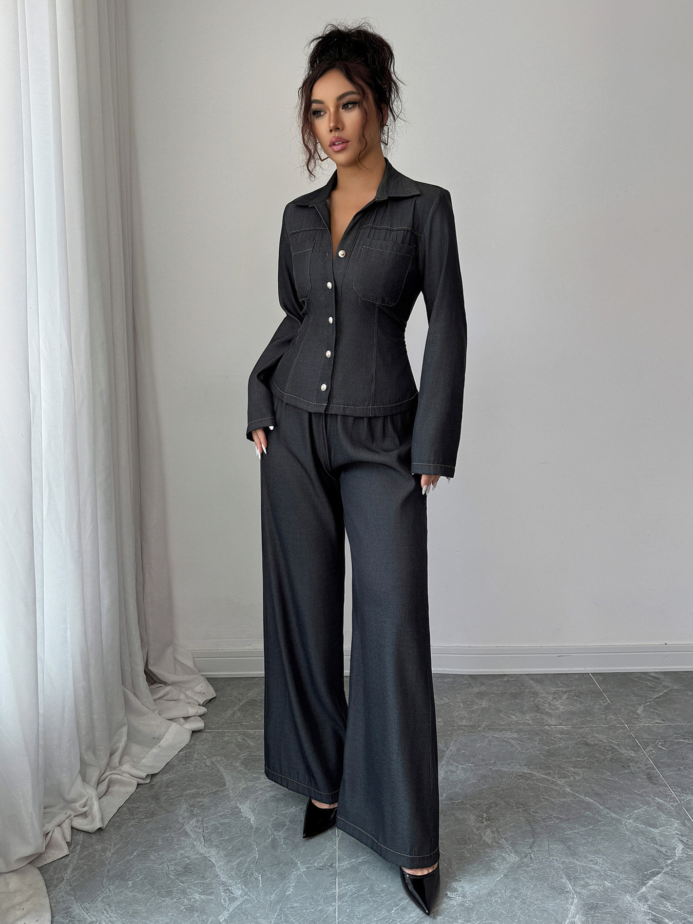 Button-Up Shirt & Wide Leg Pants Set
