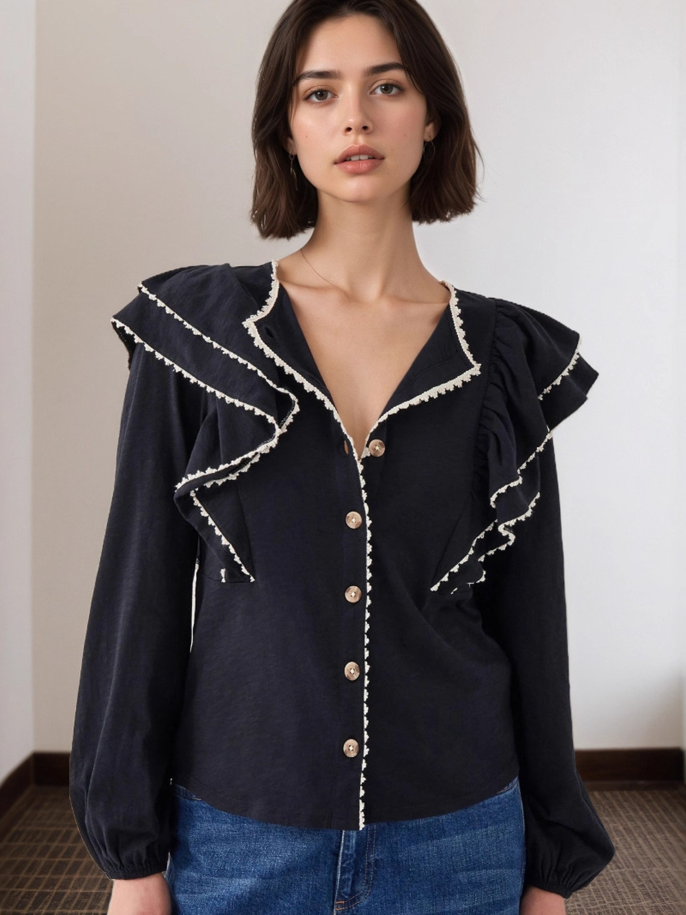 Ruffled Button Up Long Sleeve Shirt