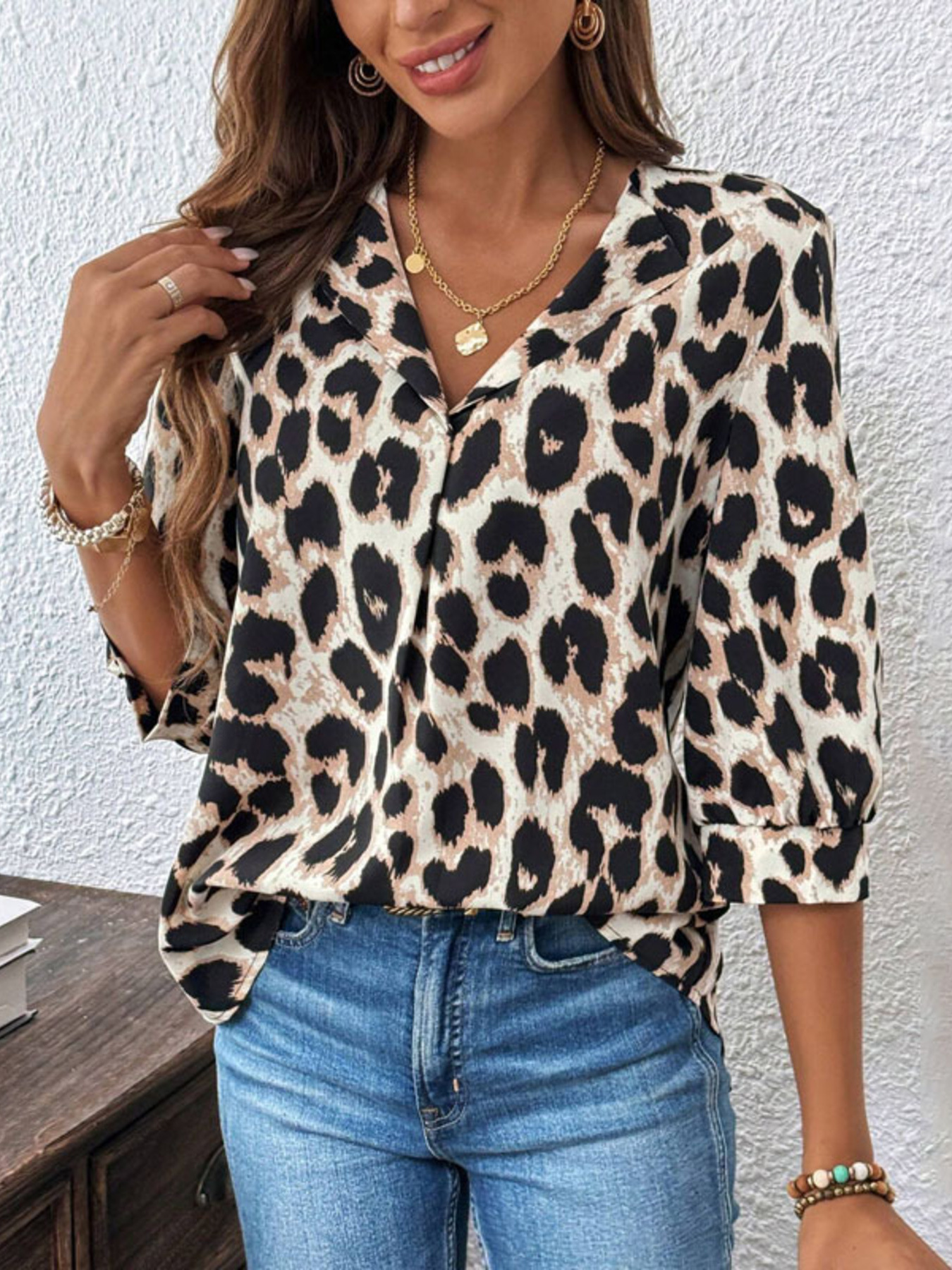 Leopard Print 3/4 Sleeve Blouse