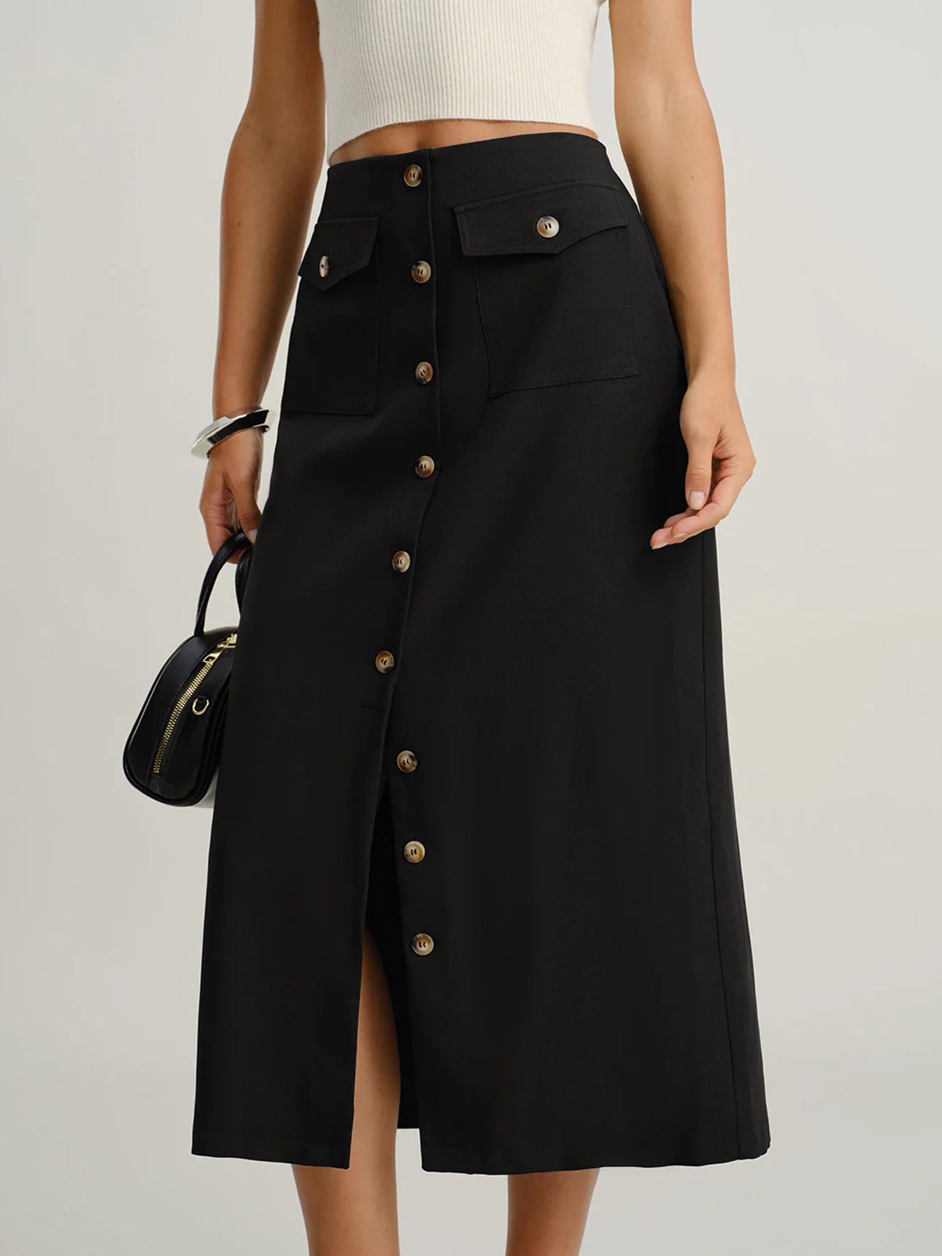Button-Front Midi Skirt with Pockets
