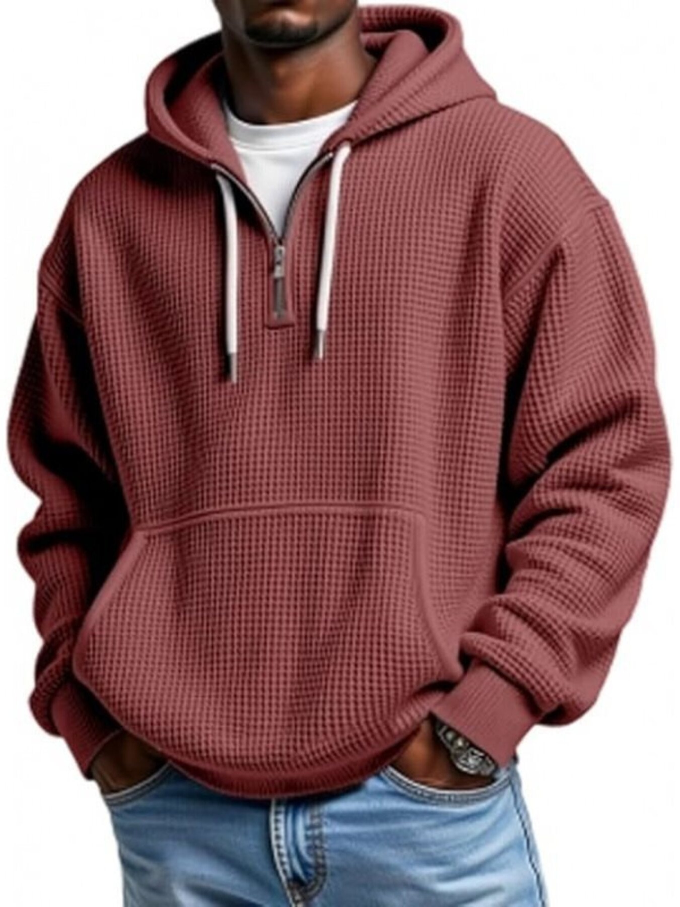 Men's Full Size Waffle Knit Quarter Zip Hoodie Plus Size