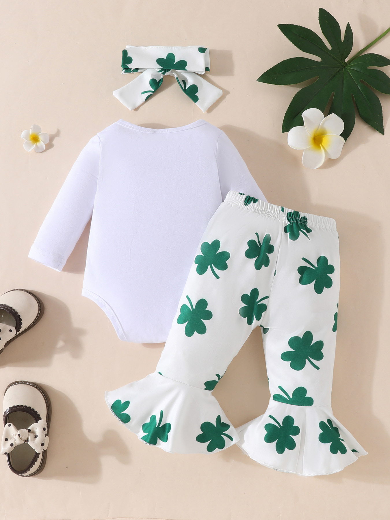 Children's Lucky Clover Long Sleeve Bodysuit and Flare Pants Set with Headband