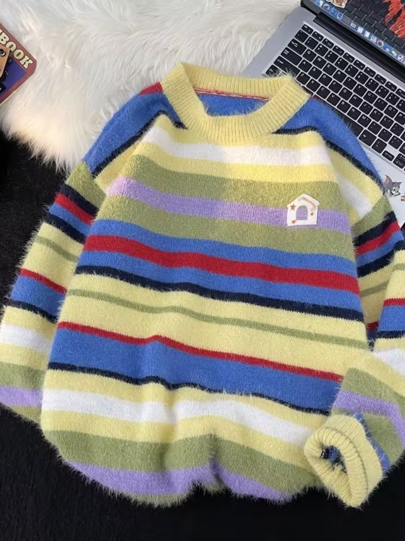 Men's Striped Fuzzy Knit Round Neck Sweater