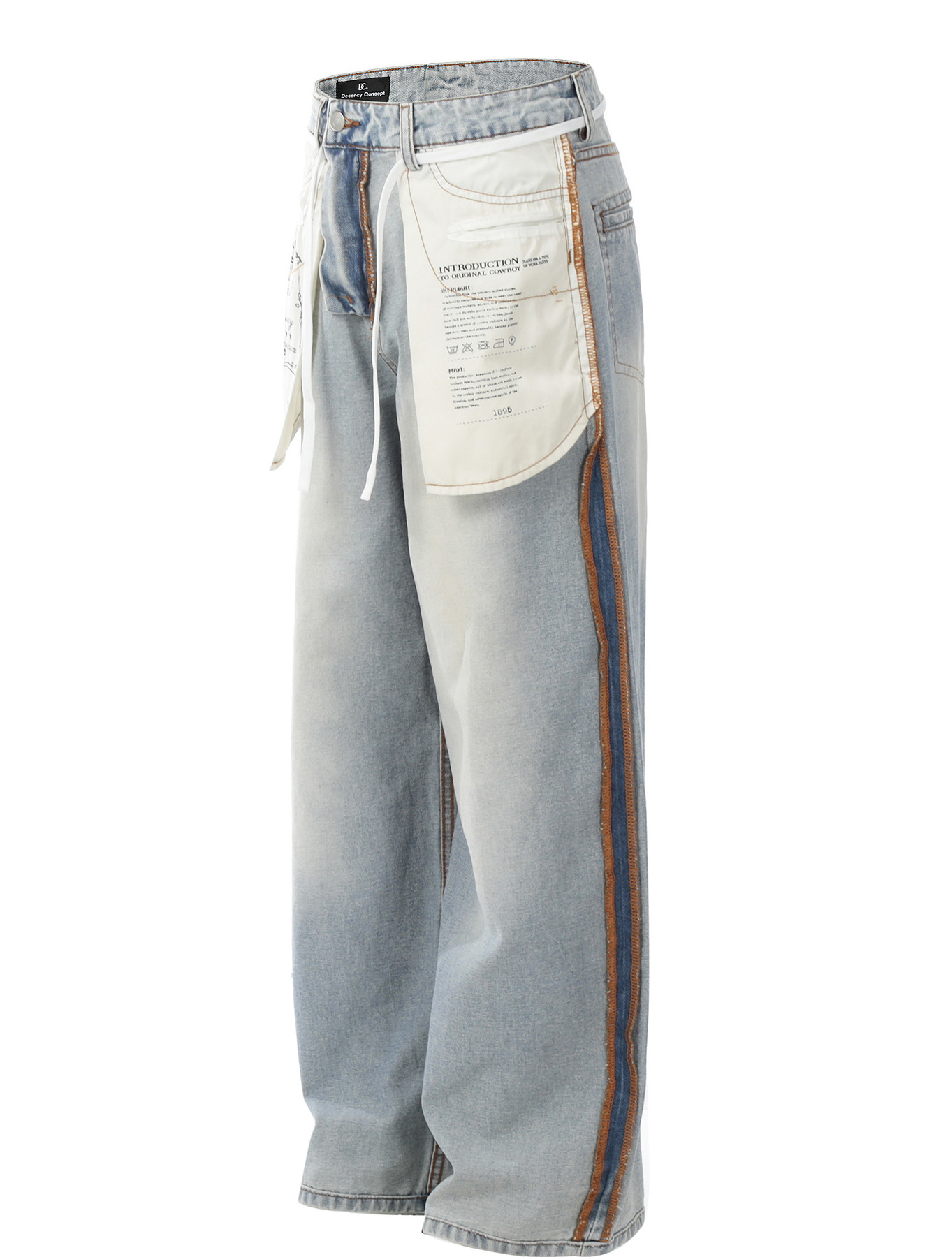 Men's Wide-Leg Jeans with Contrast Side Stripes and Decorative Patches