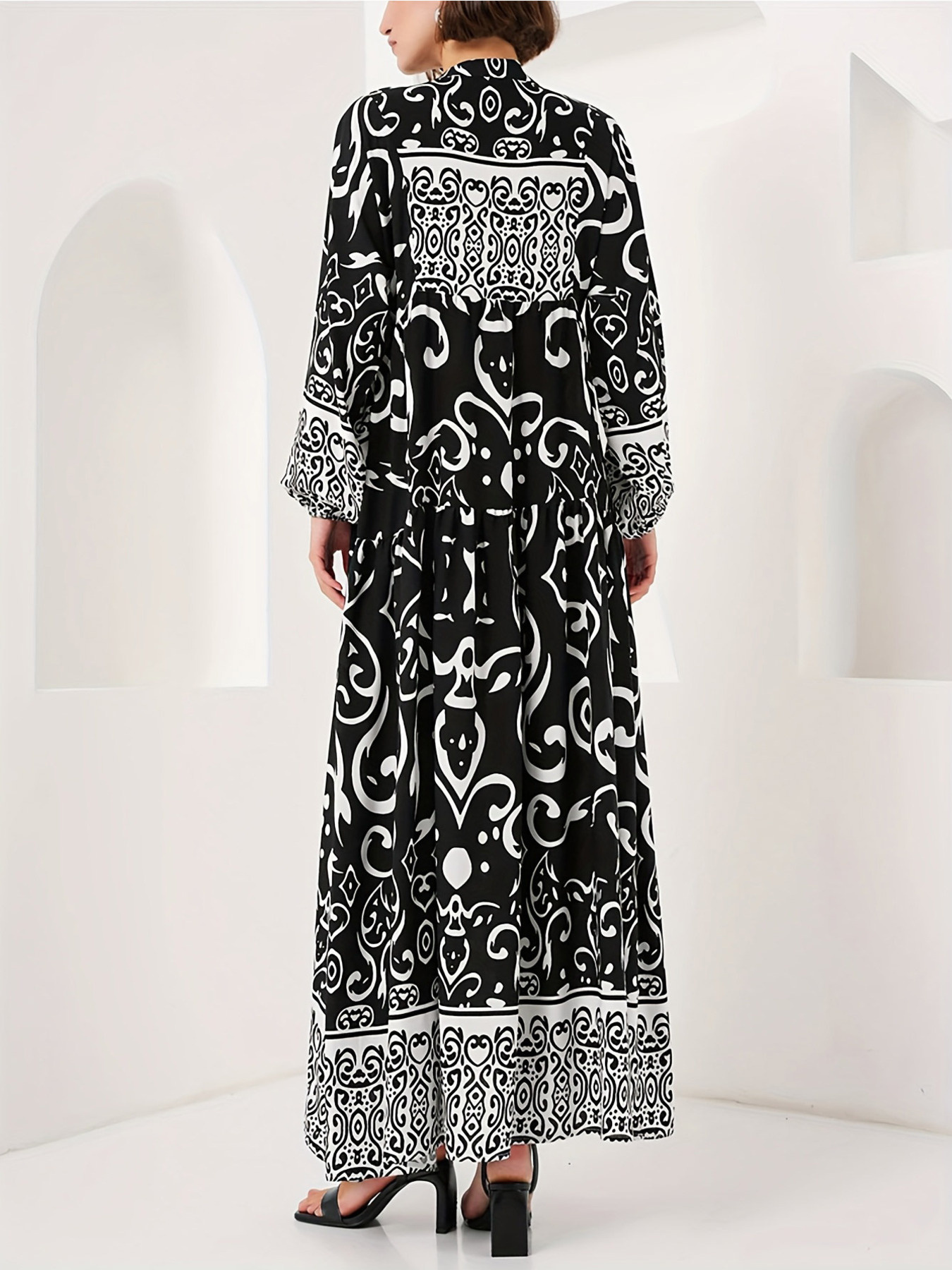 Printed Notched Balloon Sleeve Maxi Dress