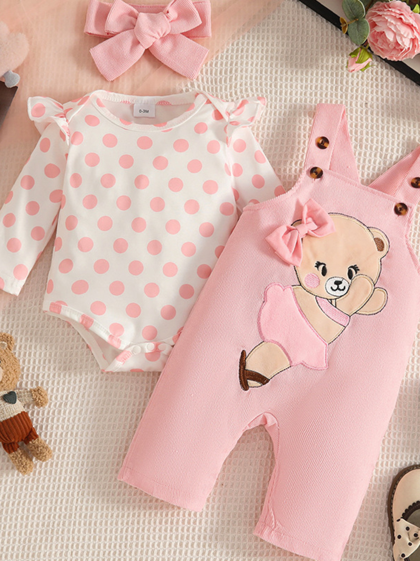 Children's Polka Dot Top and Overalls Set with Headband