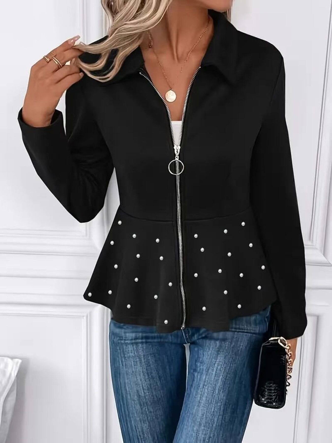 Pearl Embellished Zip-Up Peplum Outerwear