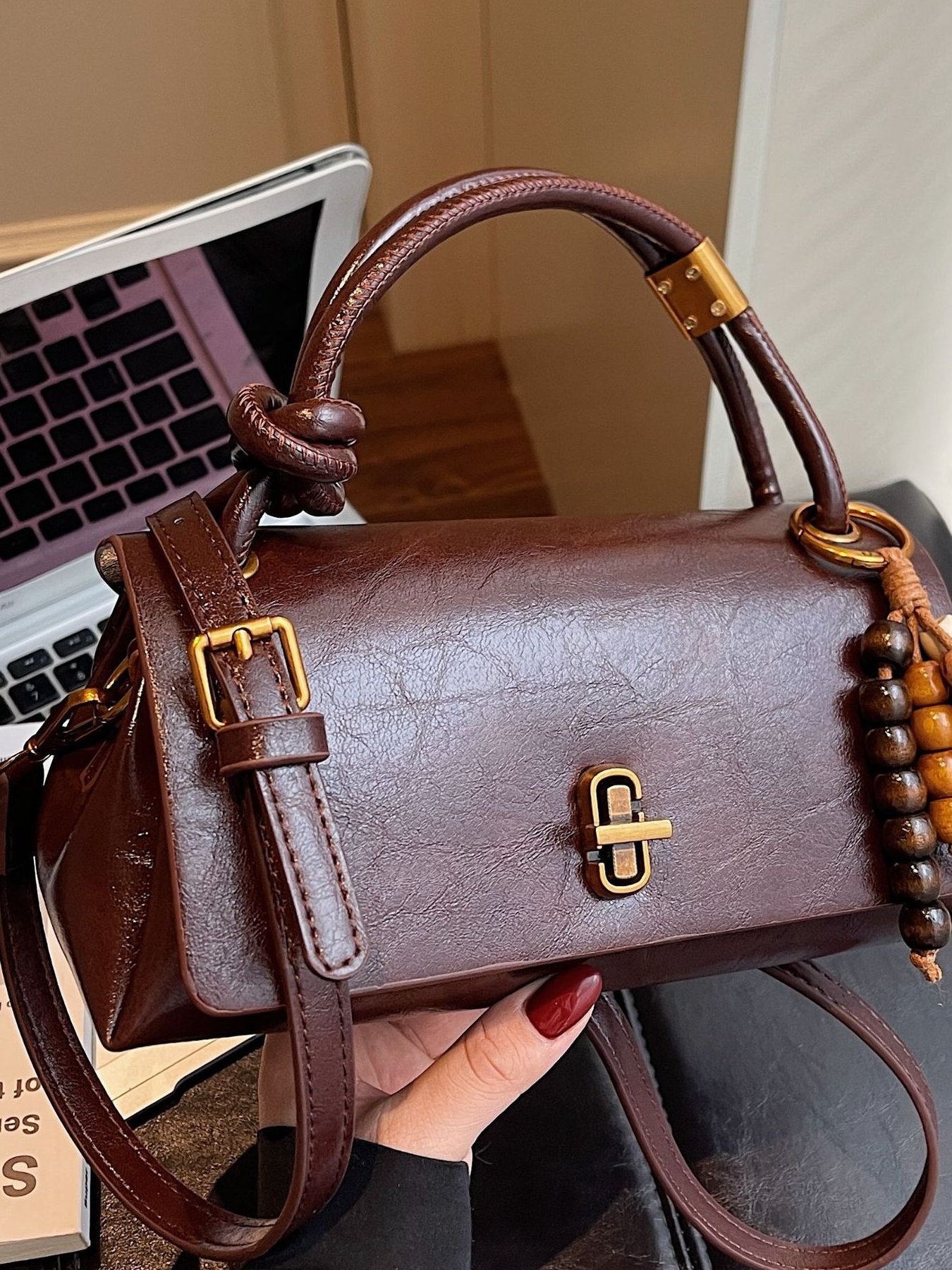 Leather Crossbody Bag with Bead Charm