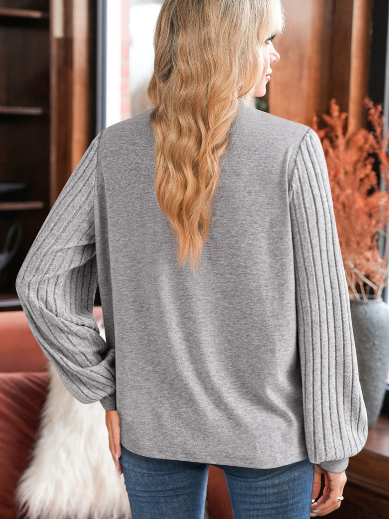 Hollowed Lace Ribbed Knit Long Sleeve Patchwork Top