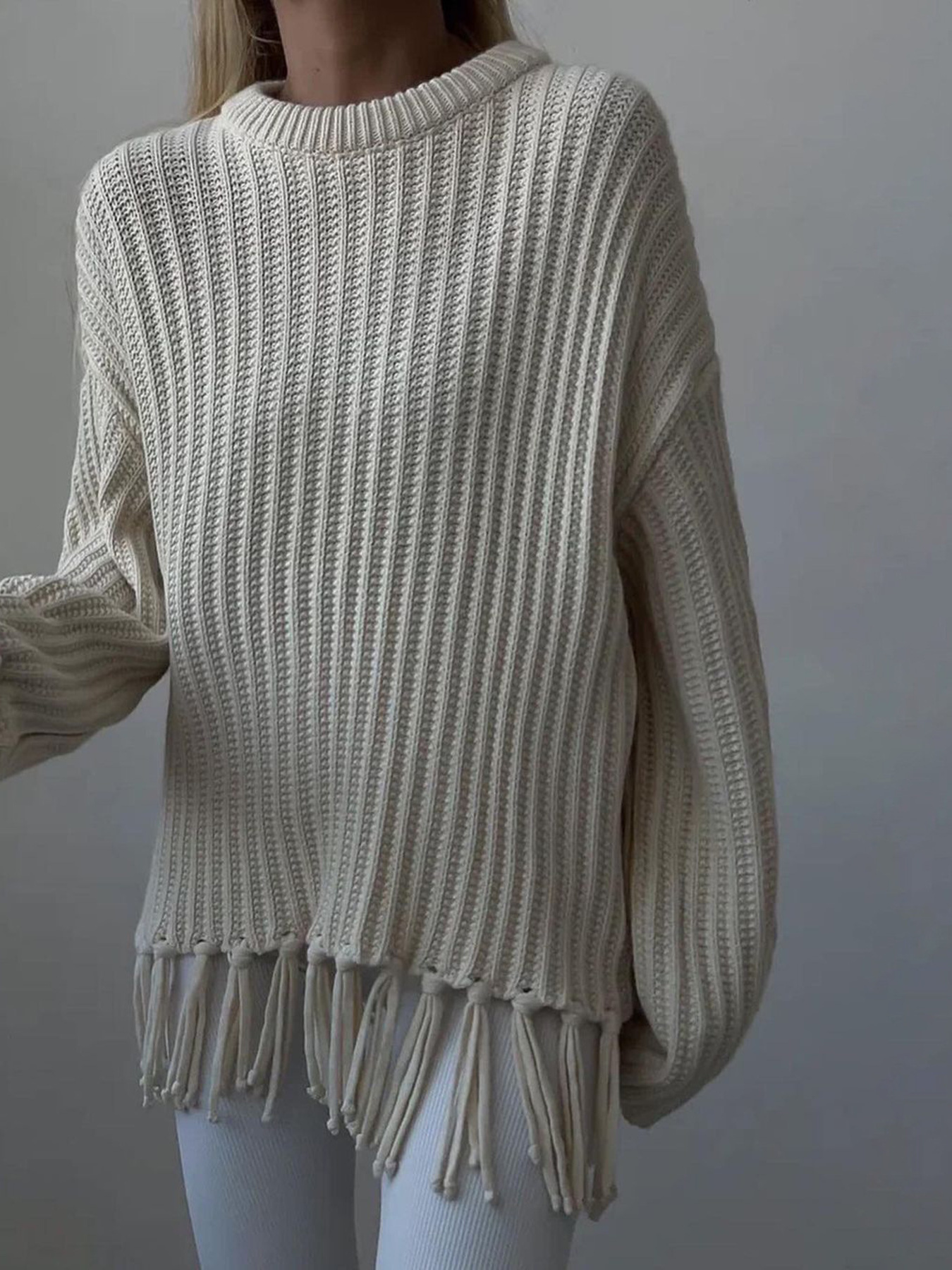 Fringe Round Neck Long Sleeve Sweater