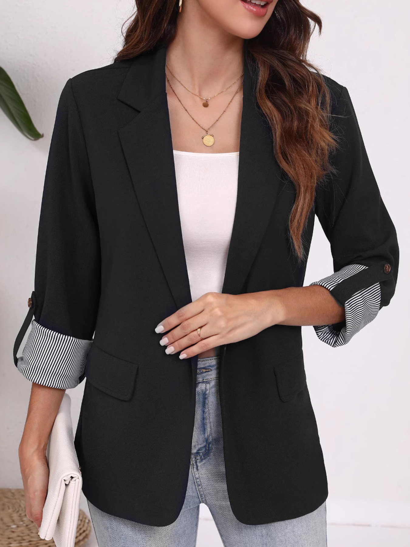 Lapel Collar Roll-Up Sleeve Blazer