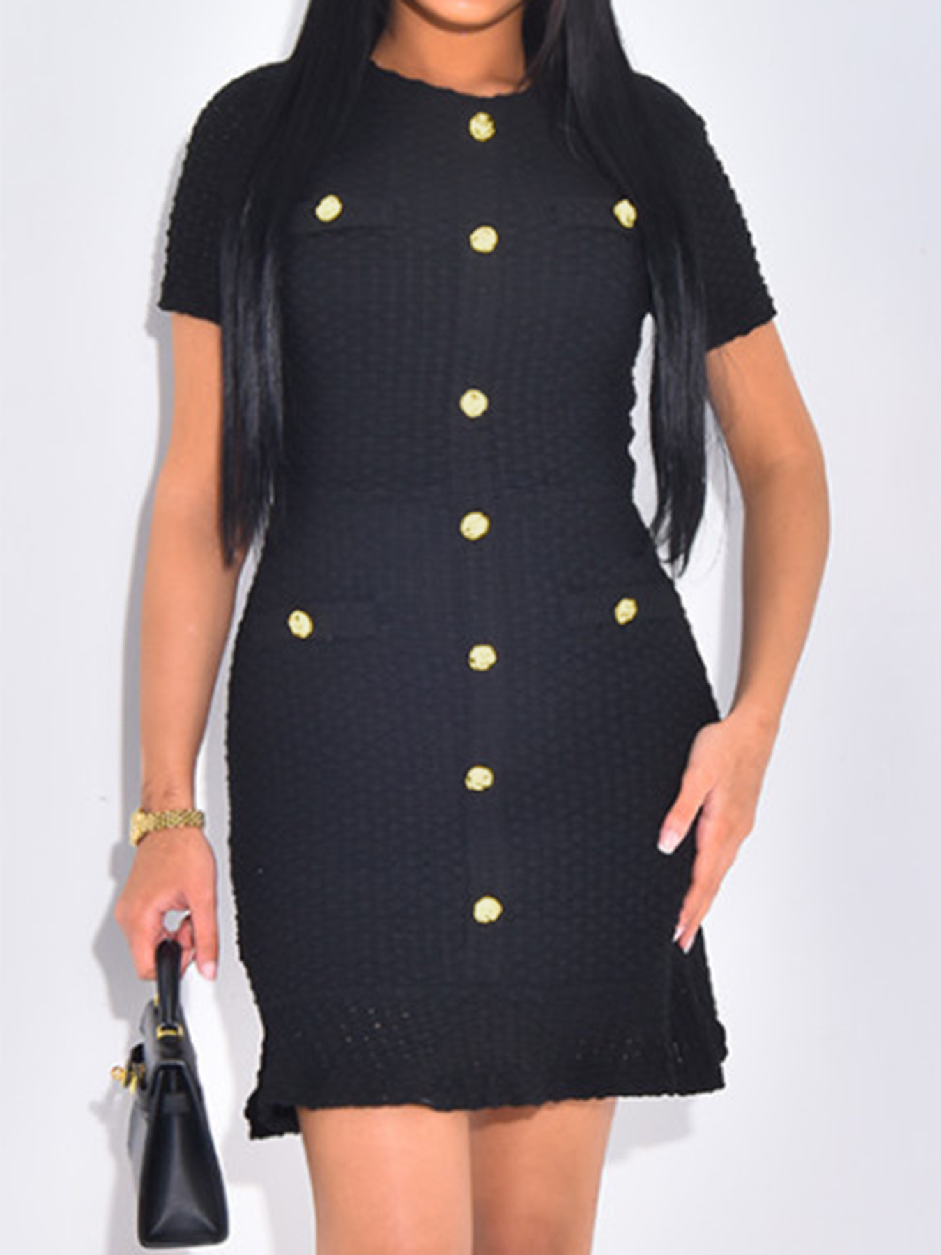 Button-Front Short Sleeve Textured Dress