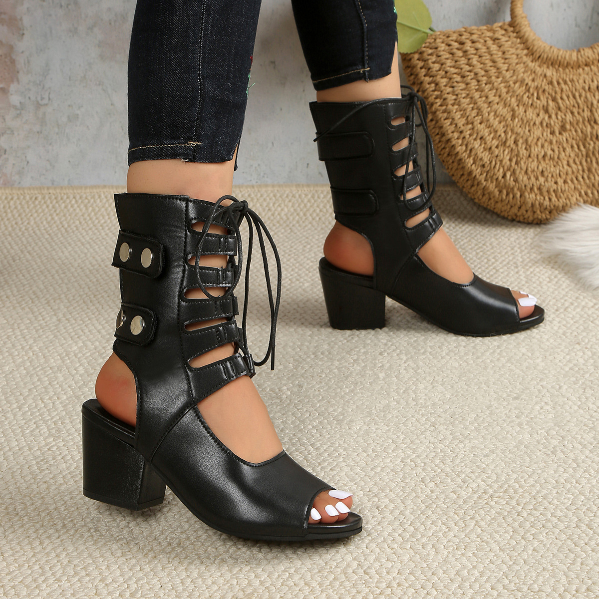 Lace Up Block Heels Sandals