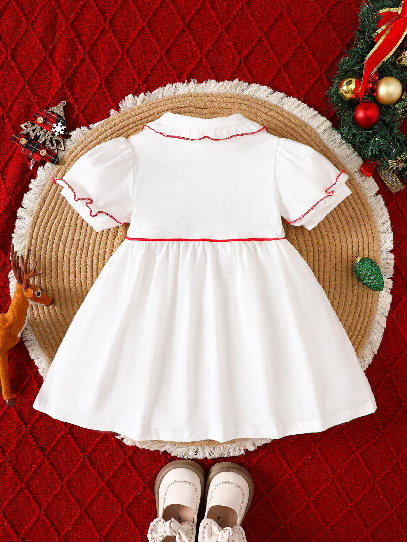 Children's Christmas Tree Embroidered Ruffle Trim Dress