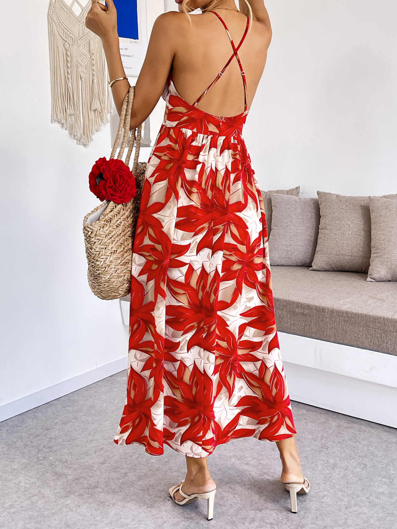 Crisscross Back Printed Midi Dress with Cutout Detail