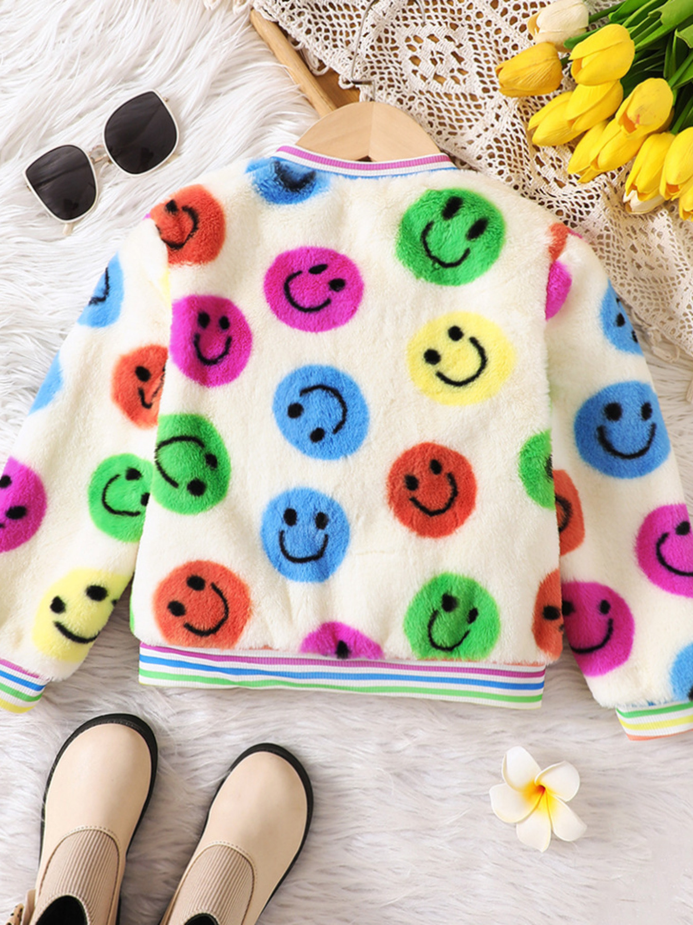 Children's Cheerful Smiley Face Print Plush Jacket